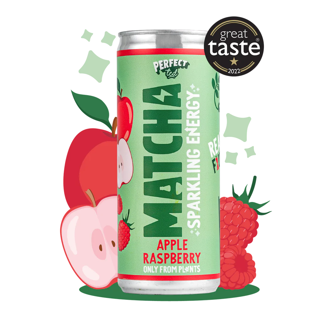 Organic Matcha Energy Drink with Apple & Raspberry Flavor - 250ml Can | Boost Focus & Energy | Perfect for Workouts, Study & On-the-Go Refreshment
