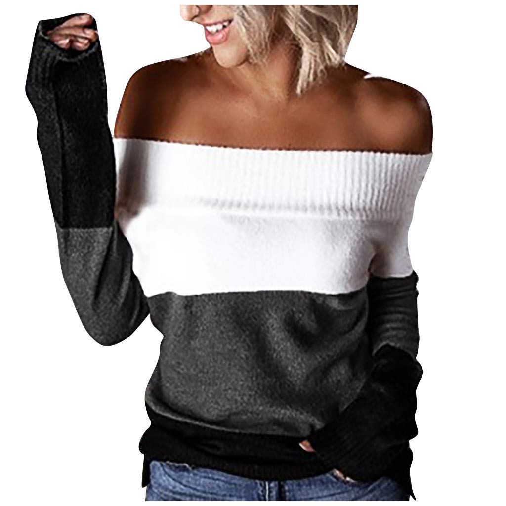 Oversized Off Shoulder Long Sleeve Sweater - Colorblock Loose Knit Jumper Pullover Top for Women | Cozy Winter Fashion, Casual Outfit & Layering Essential