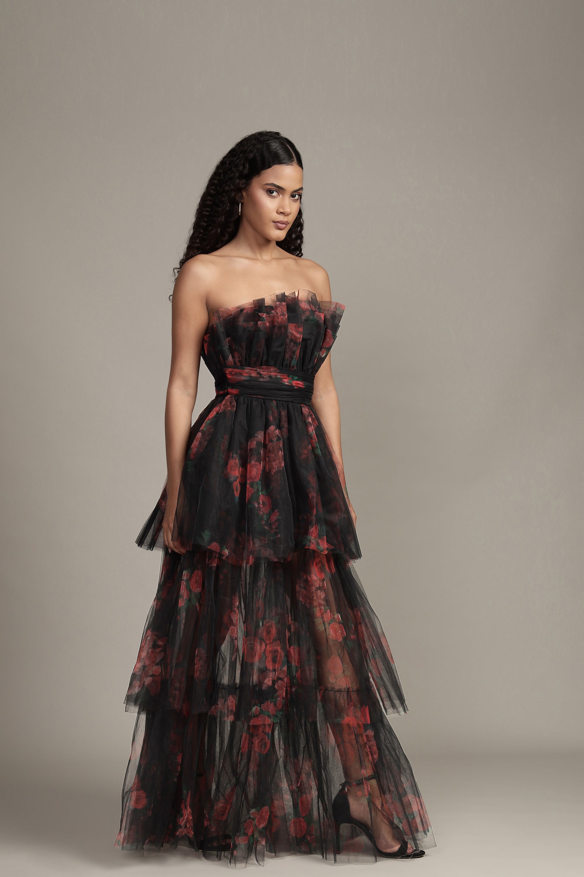 Natalia Black and Red Floral Tulle Maxi Dress for Women - Elegant Evening Gown for Weddings, Parties & Special Occasions