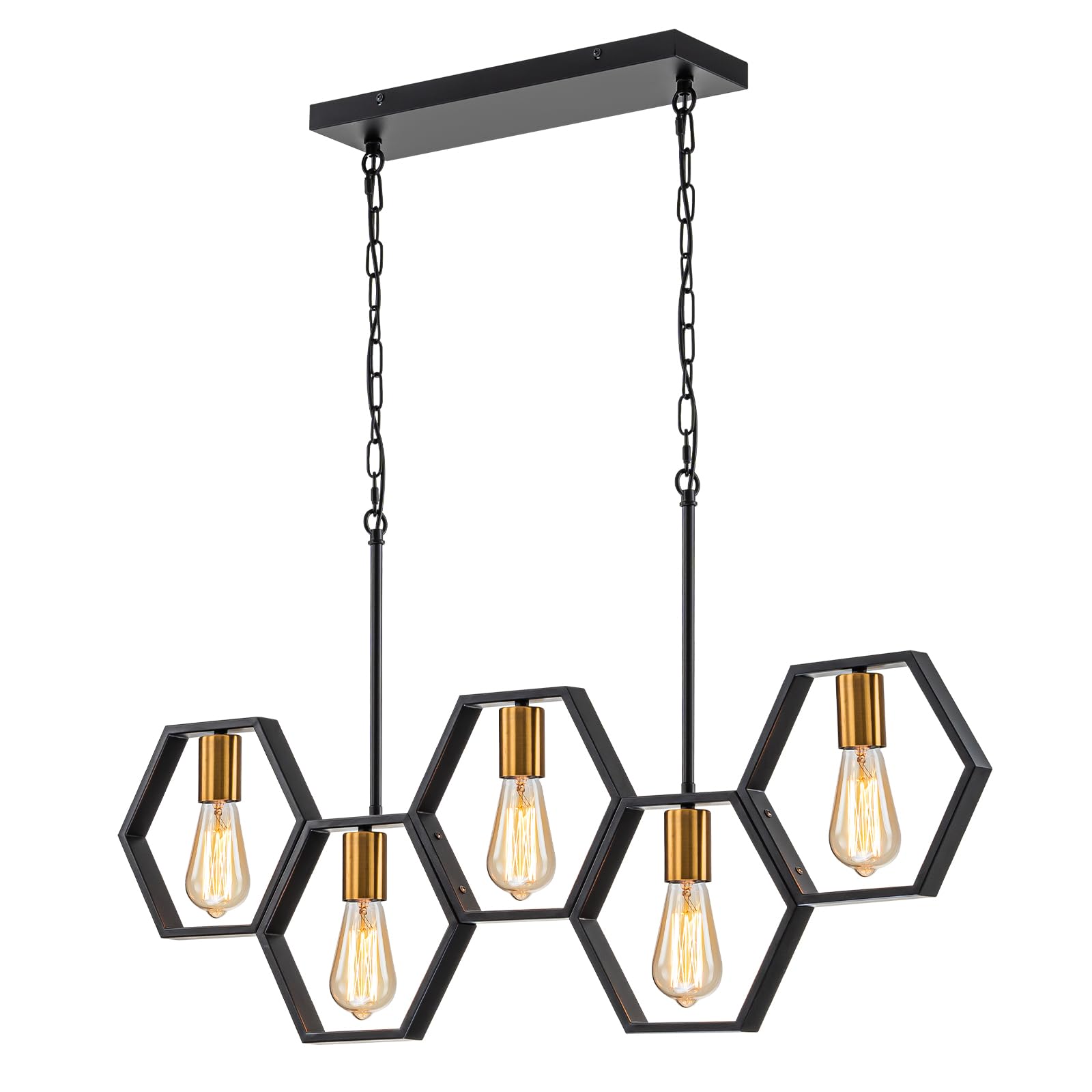 Farmhouse 5-Light Kitchen Island Chandelier - Adjustable Height Industrial Rectangular Pendant Light for Dining Room & Pool Table (Black/Gold) - Perfect for Farmhouse Decor, Kitchen Islands, and Game Room Lighting