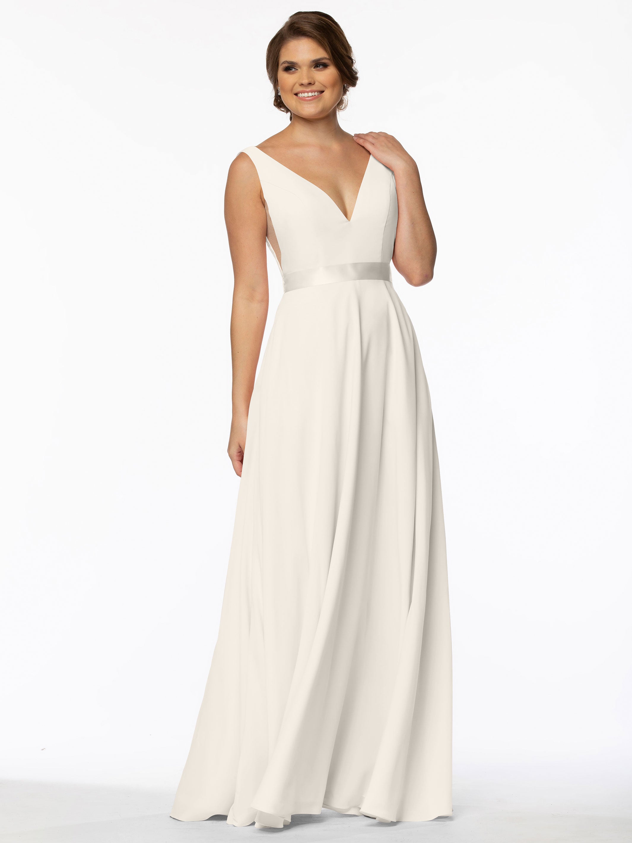Elegant 80117 Stretch Chiffon A-Line Bridesmaid Dress with V-Neck & Sash - Perfect for Weddings, Formal Events & Special Occasions