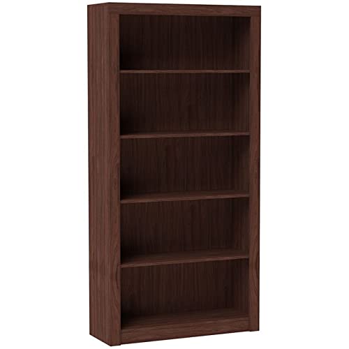 Manhattan Comfort Olinda 5 Shelf Bookcase - Solid Wood Bookshelf for Home Office, Living Room & Bedroom - Nut Brown Finish - Perfect for Organizing Books, Decor & Storage