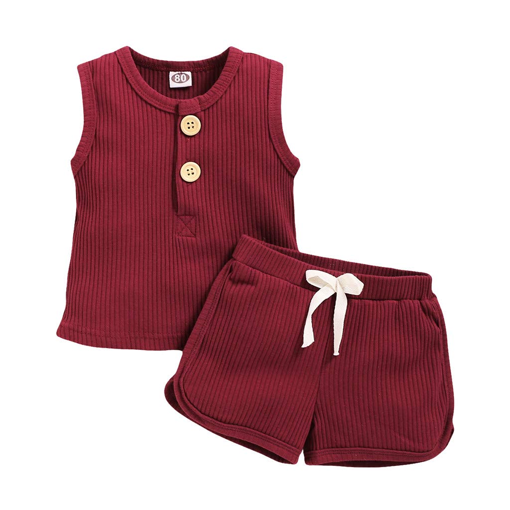WOCACHI 2022 Baby Ribbed Shorts Set for Toddler Boys & Girls - Sleeveless Solid Button Vest & Tank Top Outfit - Perfect for Summer Playtime, Beach Trips and Casual Wear
