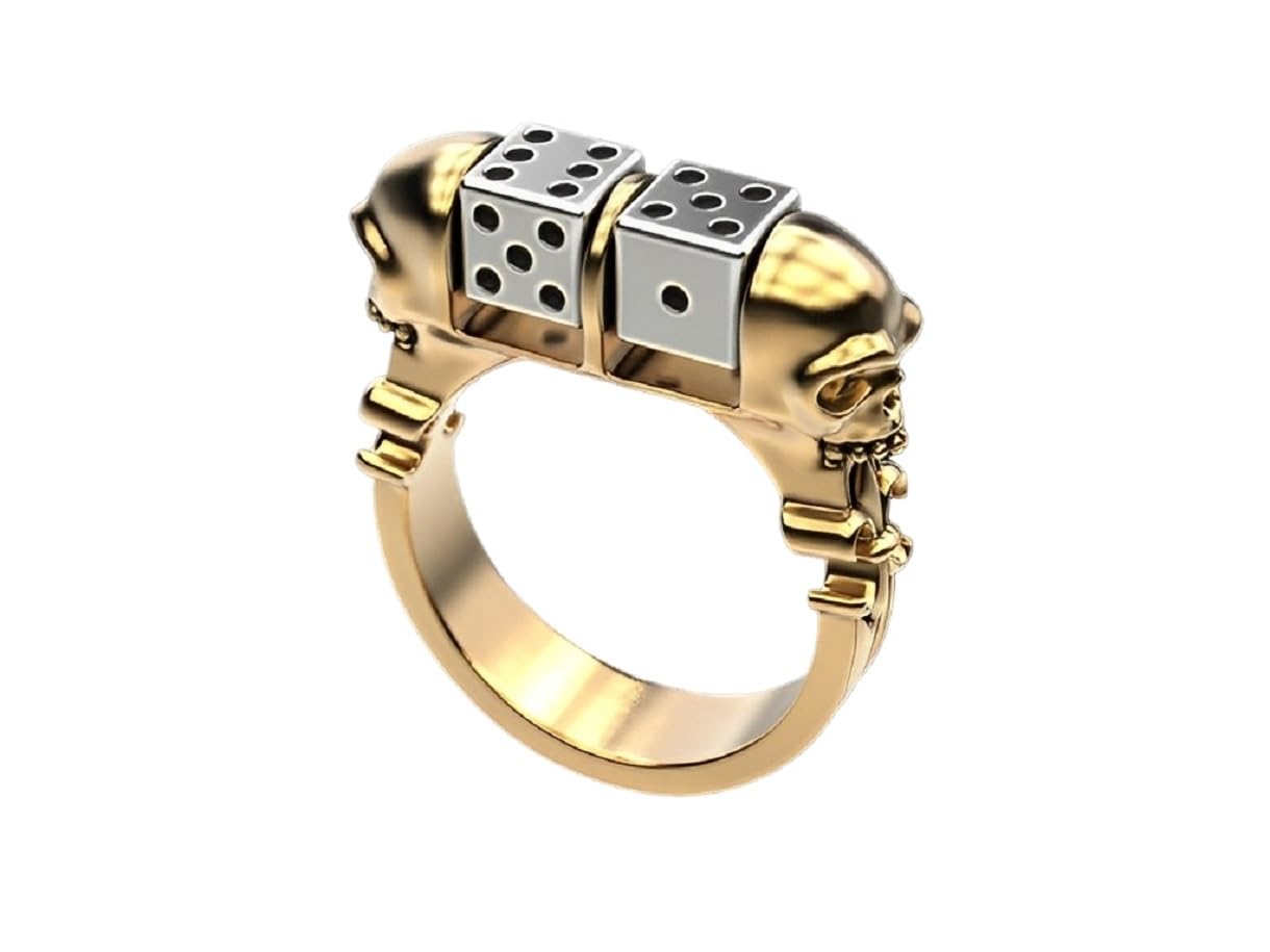 Skull Dice Biker Ring for Men - Gothic Punk Hip Hop Jewelry, Lucky Two-Tone Gold Halloween Skull Ring | Perfect for Bikers, Gamers & Gothic Fashion Enthusiasts