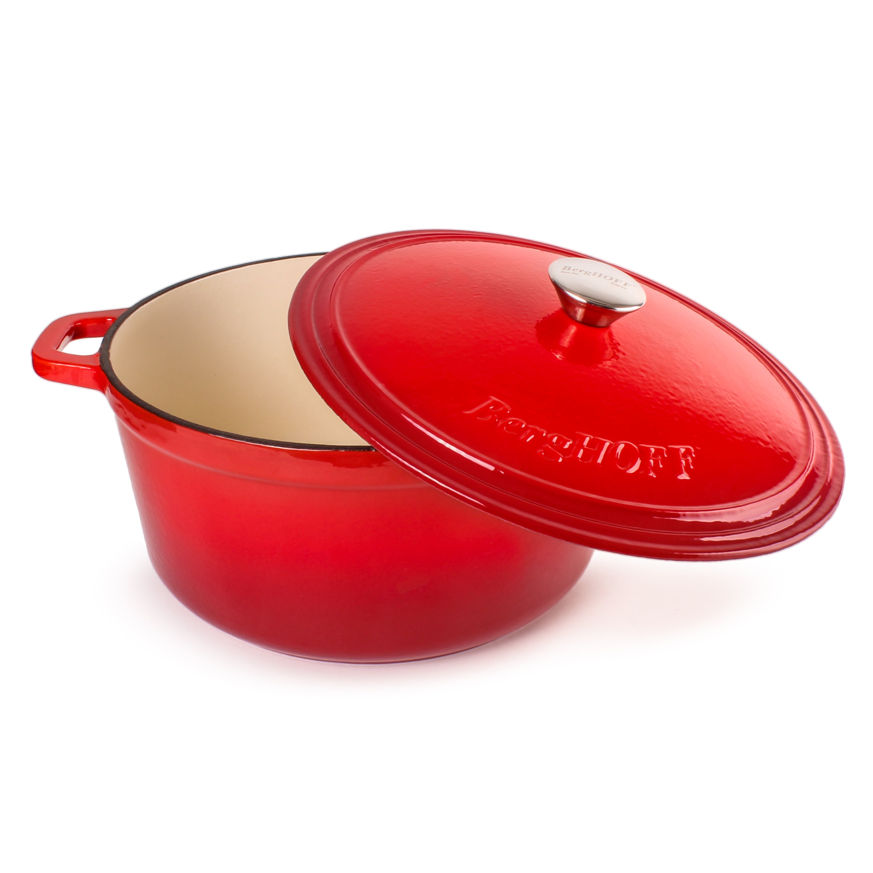 BergHOFF Neo Cast Iron 7-Quart Round Dutch Oven with Lid - Red | Heavy Duty Enameled Cookware for Braising, Stewing & Baking | Perfect for Stovetop, Oven & Campfire Cooking