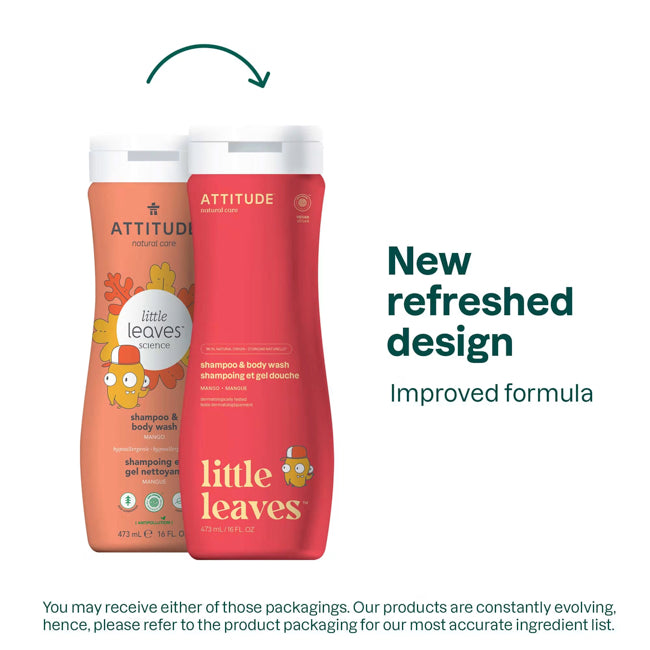 Attitude Little Leaves 2-in-1 Shampoo & Body Wash - Mango Scented, 16oz (473ml) - Natural & Gentle for Babies & Kids - Perfect for Daily Bath Time & Sensitive Skin Care
