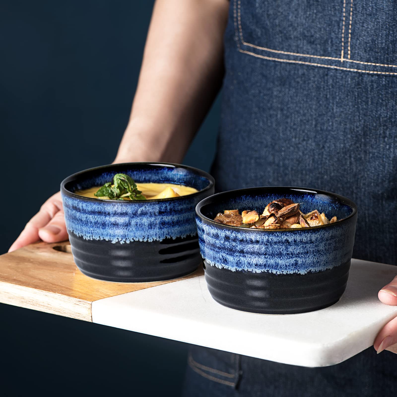 UNICASA 8 oz Ramekin Set of 2 - Oven Safe Creme Brulee Dishes for Baking, Custard, Pudding & Souffle - Reactive Blue Ceramic Ramekins - Perfect for Desserts, Appetizers & Small Portion Serving