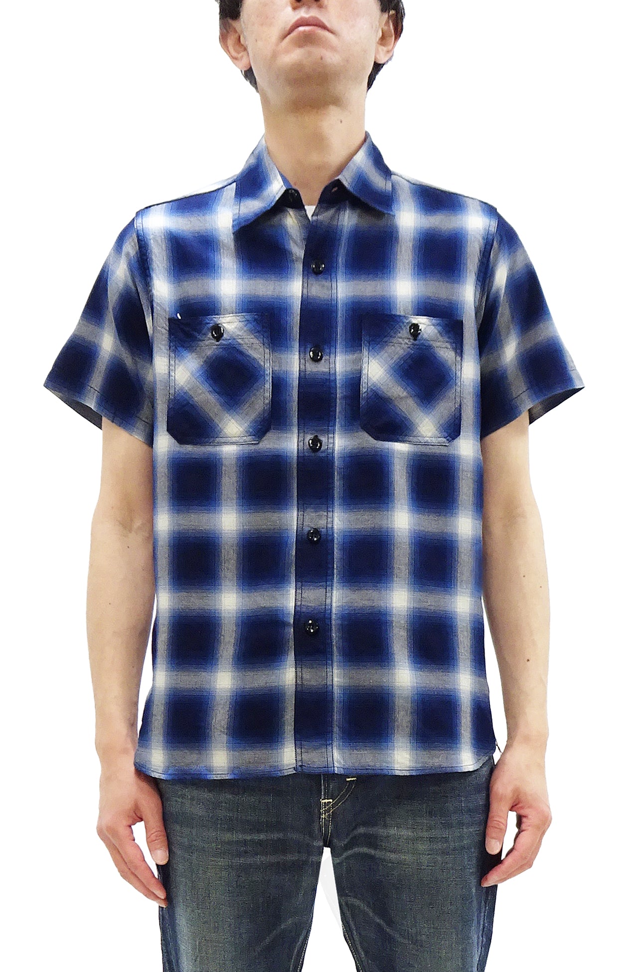 Vintage Style Men's Short Sleeve Plaid Button Up Shirt - Sugar Cane Ombre Checkered Casual Work Shirt SC39519 in Navy Blue | Perfect for Outdoor Activities, Casual Wear & Summer Fashion
