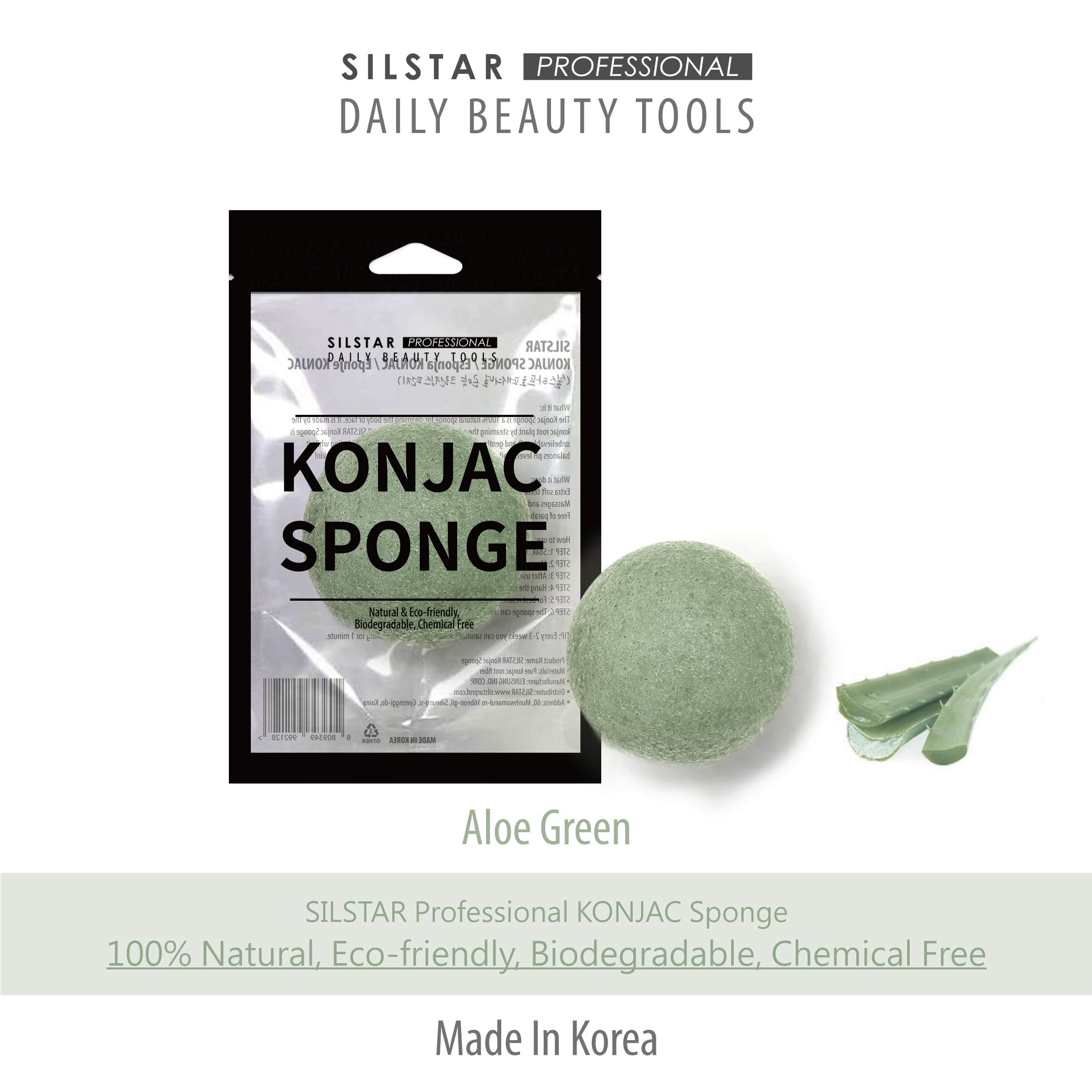SILSTAR PROFESSIONAL 100% Natural Organic Konjac Sponge for Face & Body - Detoxifying, Deep Cleansing, pH Balanced, Softens Skin & Enhances Glow - Ideal for Sensitive Skin & Baby Care (Aloe Vera, 1 Pack) | Perfect for Daily Skincare Routine & Makeup Removal