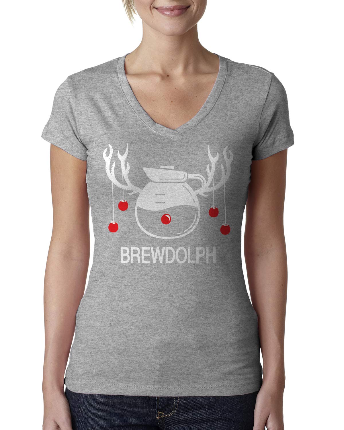 Retro Christmas Coffee Pot Ladies V-Neck T-Shirt - Funny Holiday Brewdolph Design - Women's Casual Tee for Xmas Parties & Gift Giving