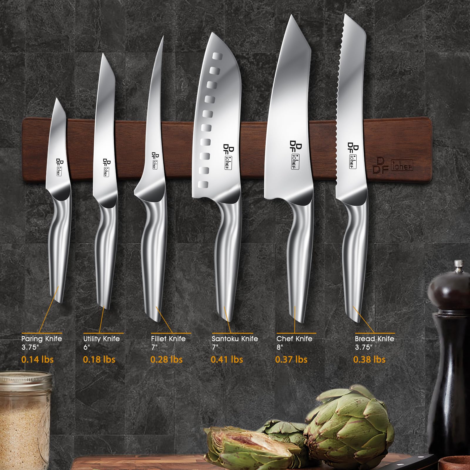 8-Piece Professional Japanese High Carbon Stainless Steel Kitchen Knife Set with Magnetic Wall Strip | DDF Chef Knives for Slicing, Dicing & Food Prep | Perfect for Home Cooks & Professional Kitchens