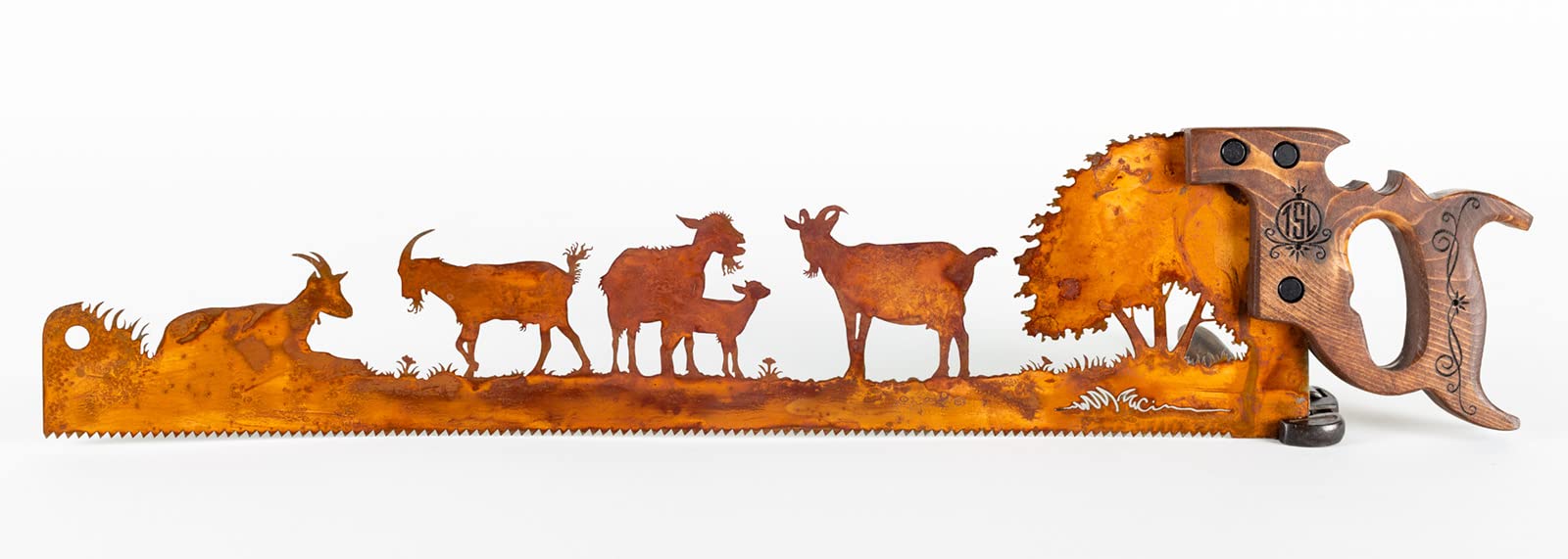 Open Range Goats Hand Saw Design - Custom Made Wall Art for Ranchers & Farmhouse Decor | Perfect for Ranch Homes, Western Themed Rooms & Cowboy Gifts