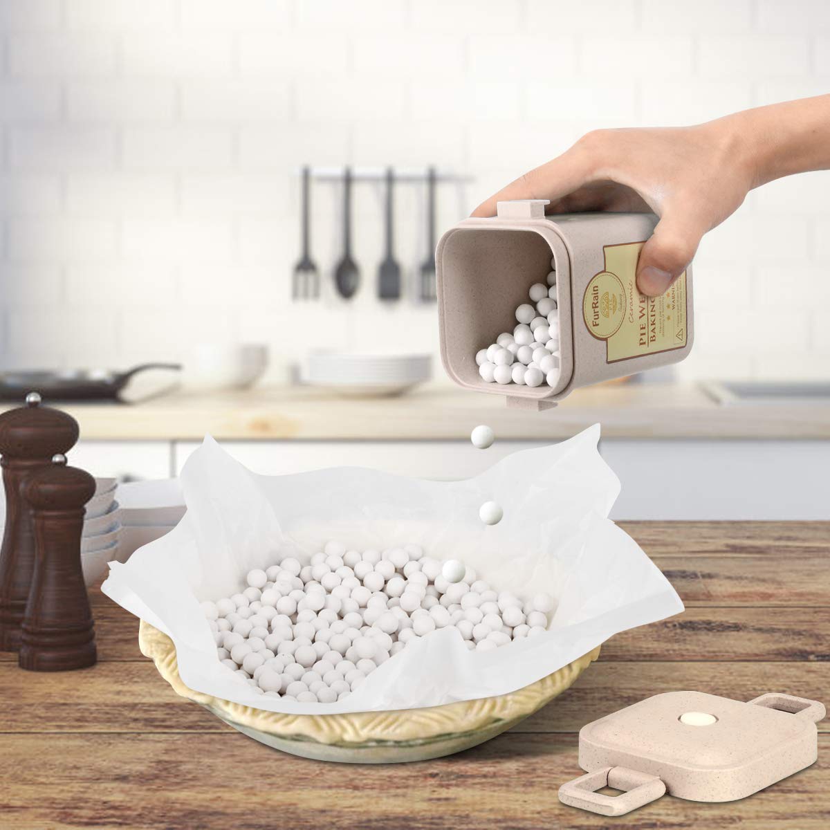 Reusable 10mm Ceramic Pie Weights - Natural Stoneware Baking Beans for Perfect Pie Crust with Wheat Straw Container | Ideal for Blind Baking, Quiches & Tarts