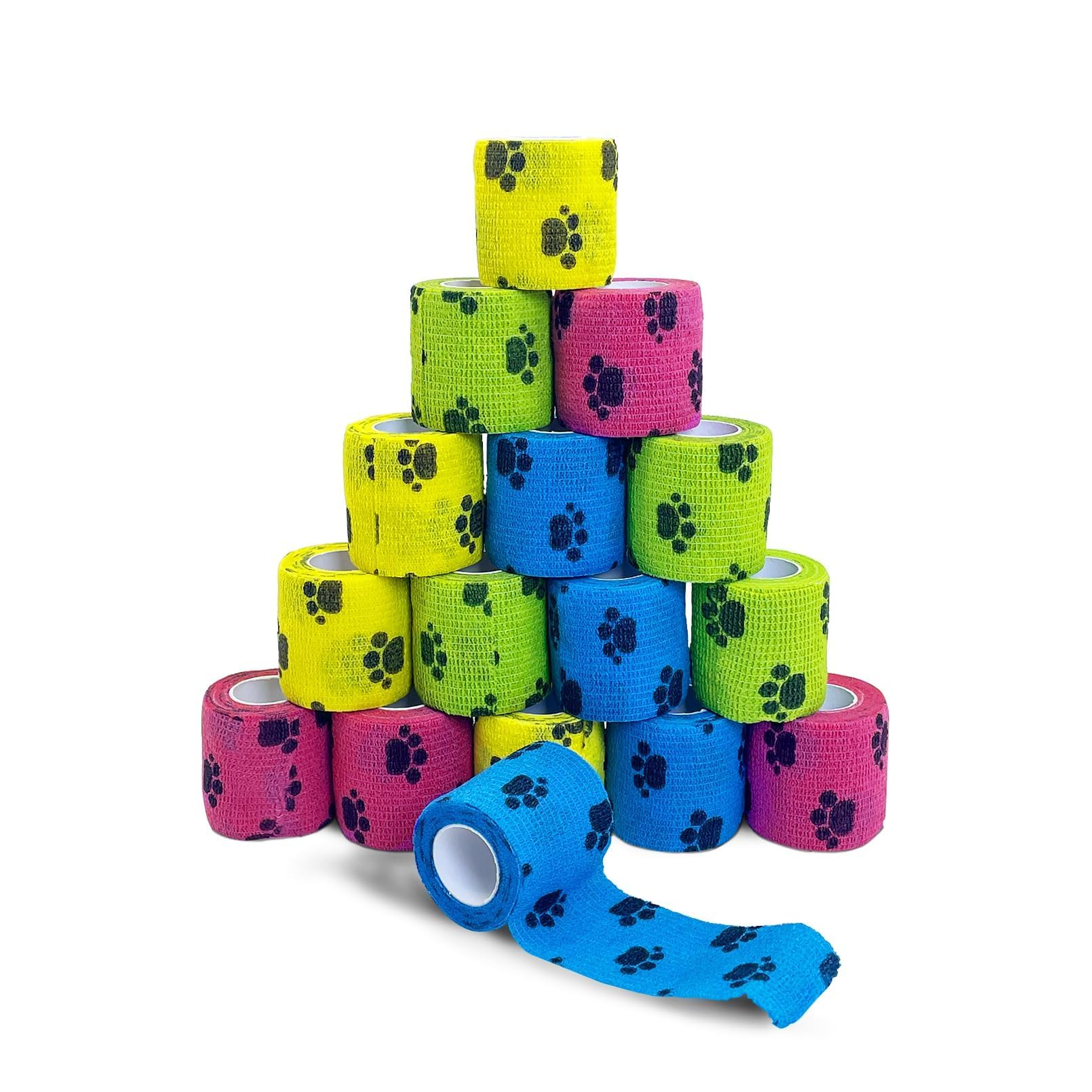 16PCS Vet Wrap Tape - Self-Adhesive No Chew Bandage for Dogs, Cats, Horses | Wound Dressing & Medical Gauze for Pets | Yellow, Blue, Green, Pink | Perfect for Paw, Ear, Tail & Leg Injuries