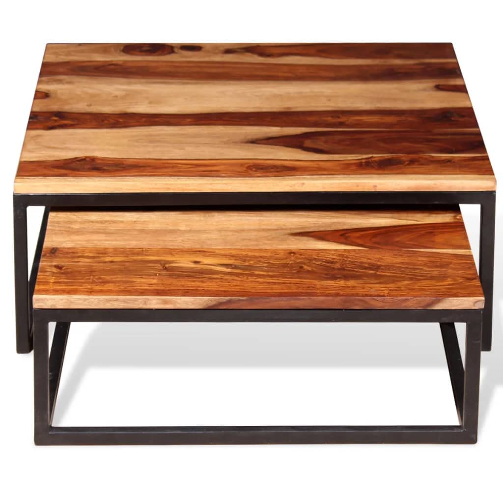 Industrial Style Nesting Coffee Table Set - 2-Piece Solid Sheesham Wood Side Tables for Living Room | Modern Couch End Table, Tea Table, Low Coffee Table | Perfect for Small Spaces, Apartments & Cozy Home Decor
