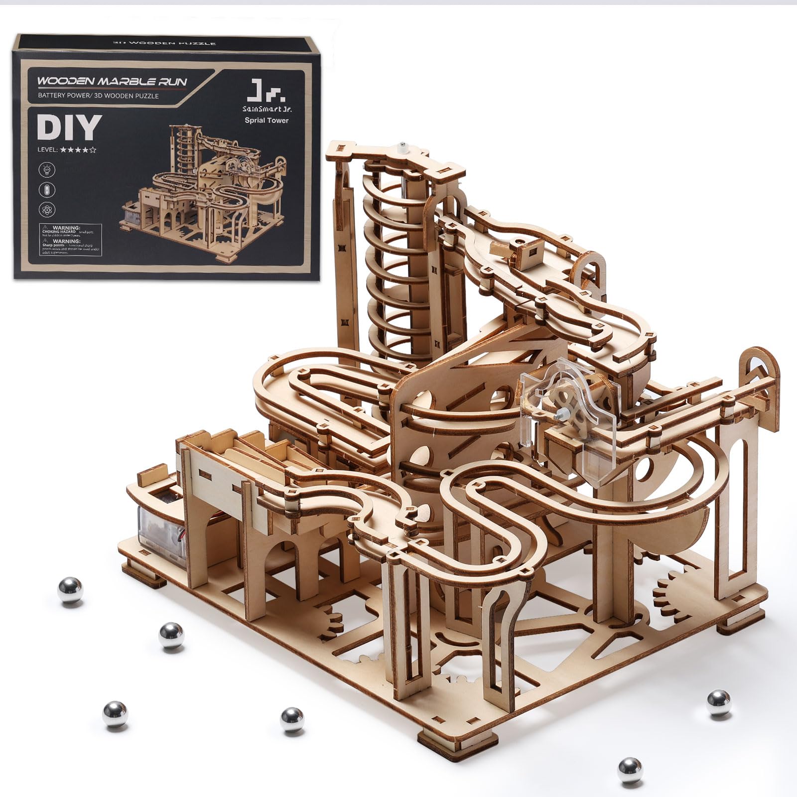 SainSmart Jr. 3D Wooden Puzzle for Adults - 225 PCS Marble Run Building Kit with Electric Motor, DIY Mechanical Model for Teens & Adults Age 14+ - Fun Roller Coaster STEM Toy for Home, Office & Classroom Activities