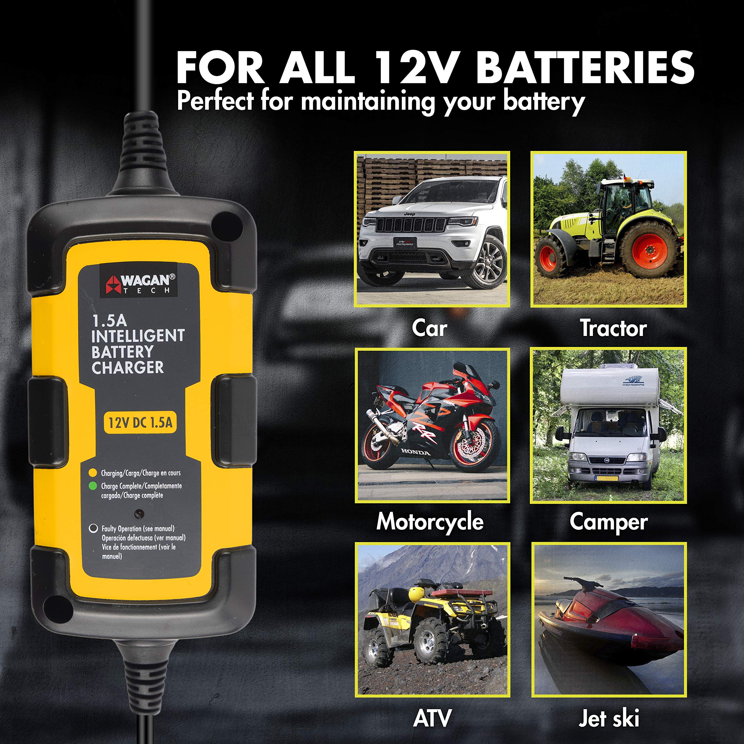 Wagan EL7402 12V 1.5A Smart Battery Charger & Maintainer - Fully Automatic for Cars, Motorcycles, Boats & RVs - Ideal for Long-Term Storage & Winter Maintenance