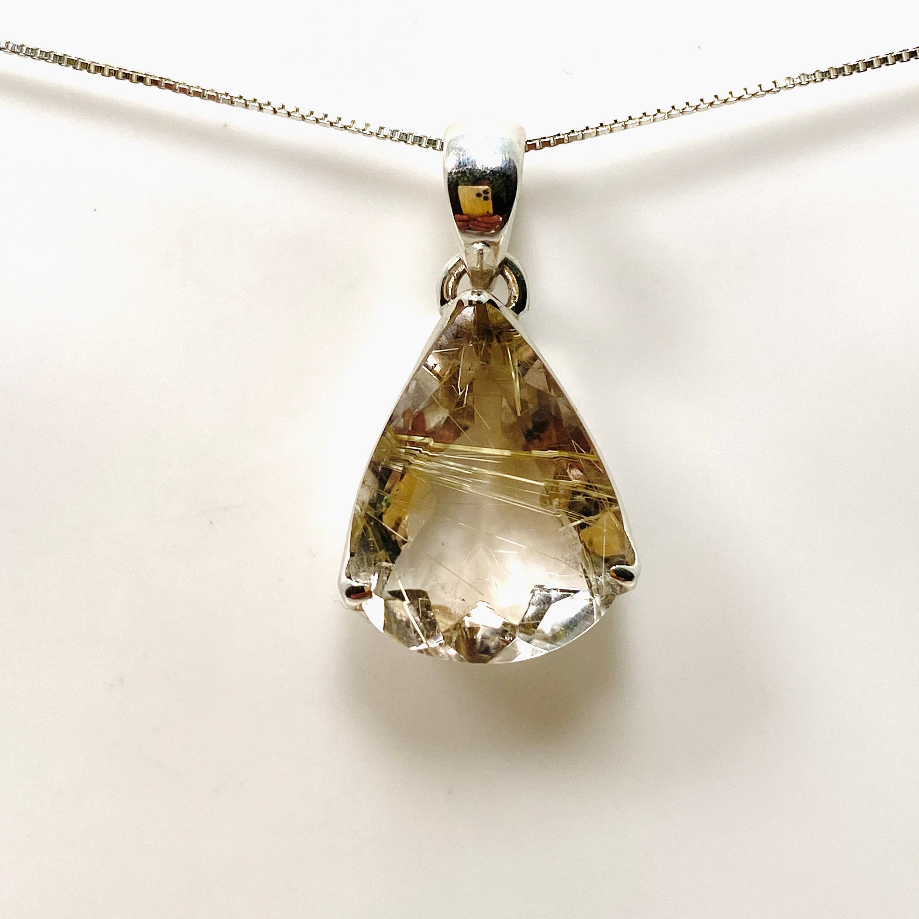Rutilated Quartz Teardrop Faceted Pendant Necklace PPGJ841 - Elegant Crystal Jewelry for Women, Perfect for Gifts & Special Occasions