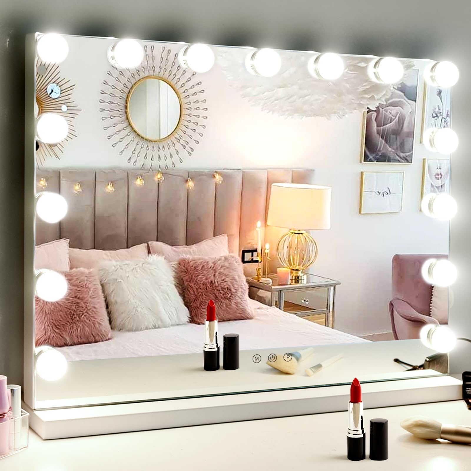 Hollywood Vanity Mirror with Dimmable 15 LED Lights - 3 Lighting Modes, 2-in-1 Large Lighted Makeup Mirror for Desk & Wall Mount - Plug-in & USB Charger - Perfect for Makeup Application, Skincare Routine & Home Decor