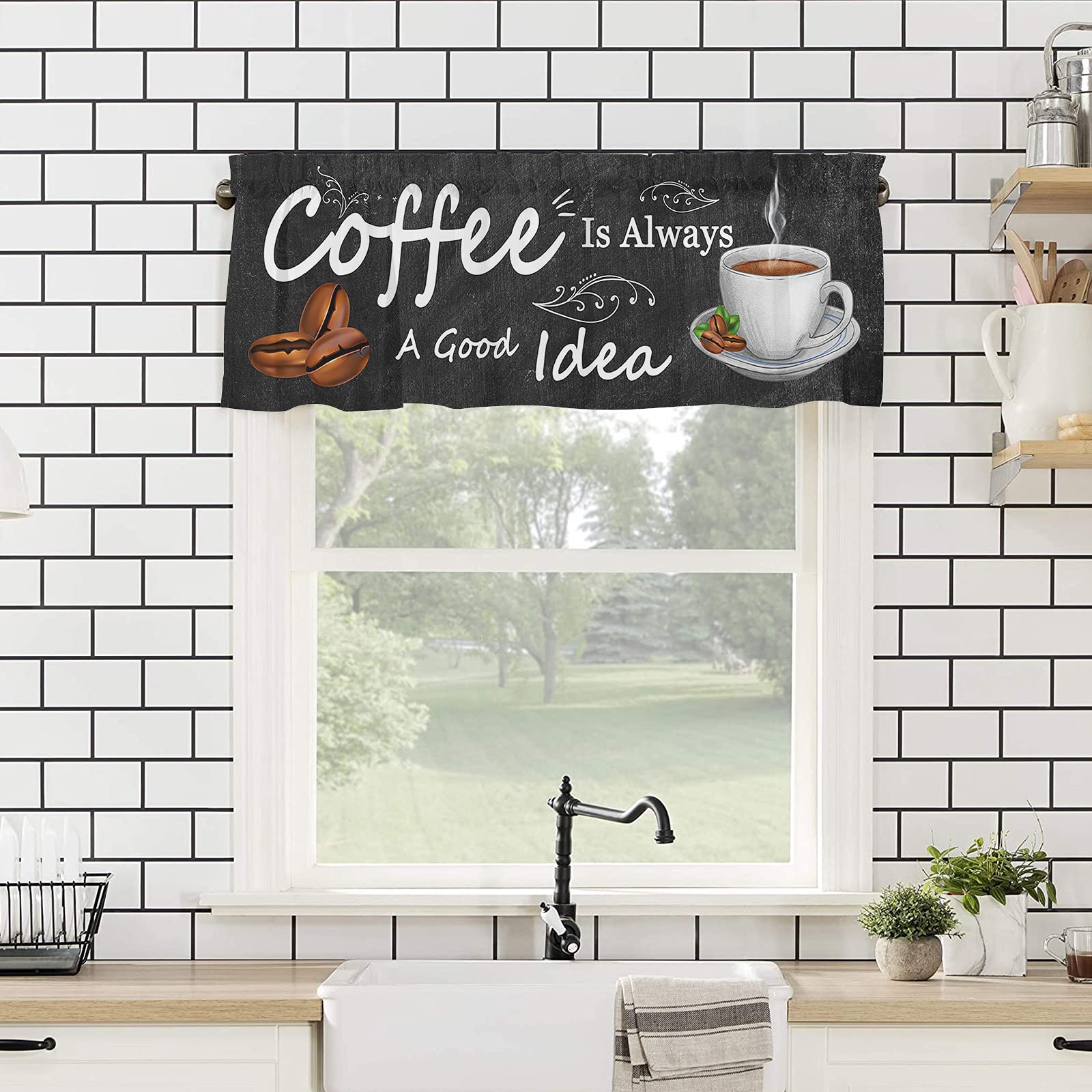 Coffee Themed Farmhouse Style Window Valance Curtain - Rod Pocket Design for Living Room, Kitchen, Bathroom - Soft & Washable Small Window Treatment (1 Panel, 54x18 Inches) - Perfect for Cozy Home Decor and Rustic Interior Design