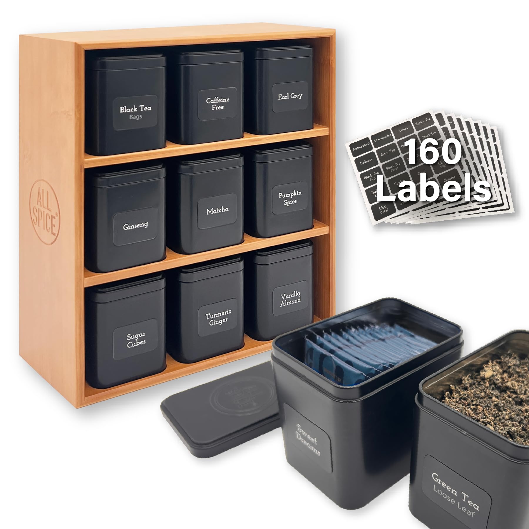 Premium AllSpice Tea Organizer Rack with 9 Airtight Tins & 160 Magnetic Labels - Perfect for Bagged & Loose Leaf Tea Storage - Natural Bamboo Tea Station for Kitchen Countertop & Pantry Organization