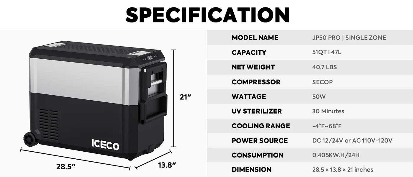 ICECO JP50 Pro 51QT Dual Zone Portable Car Refrigerator with Wheels and Cover - Perfect for Road Trips, Camping & Outdoor Adventures