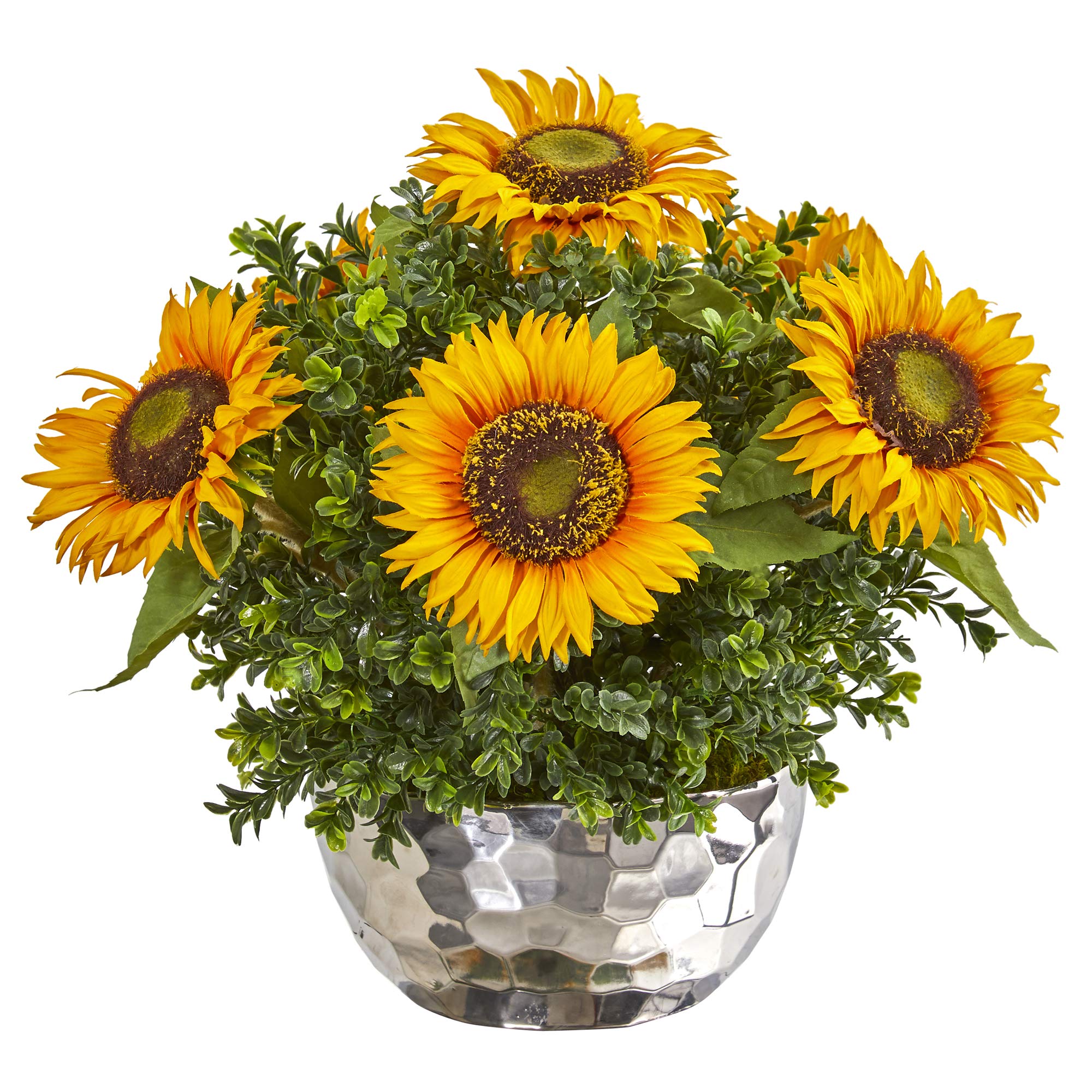 Nearly Natural Artificial Sunflower Silk Flower Arrangement in Silver Vase - Yellow Home Decor for Living Room, Office, Wedding Centerpiece