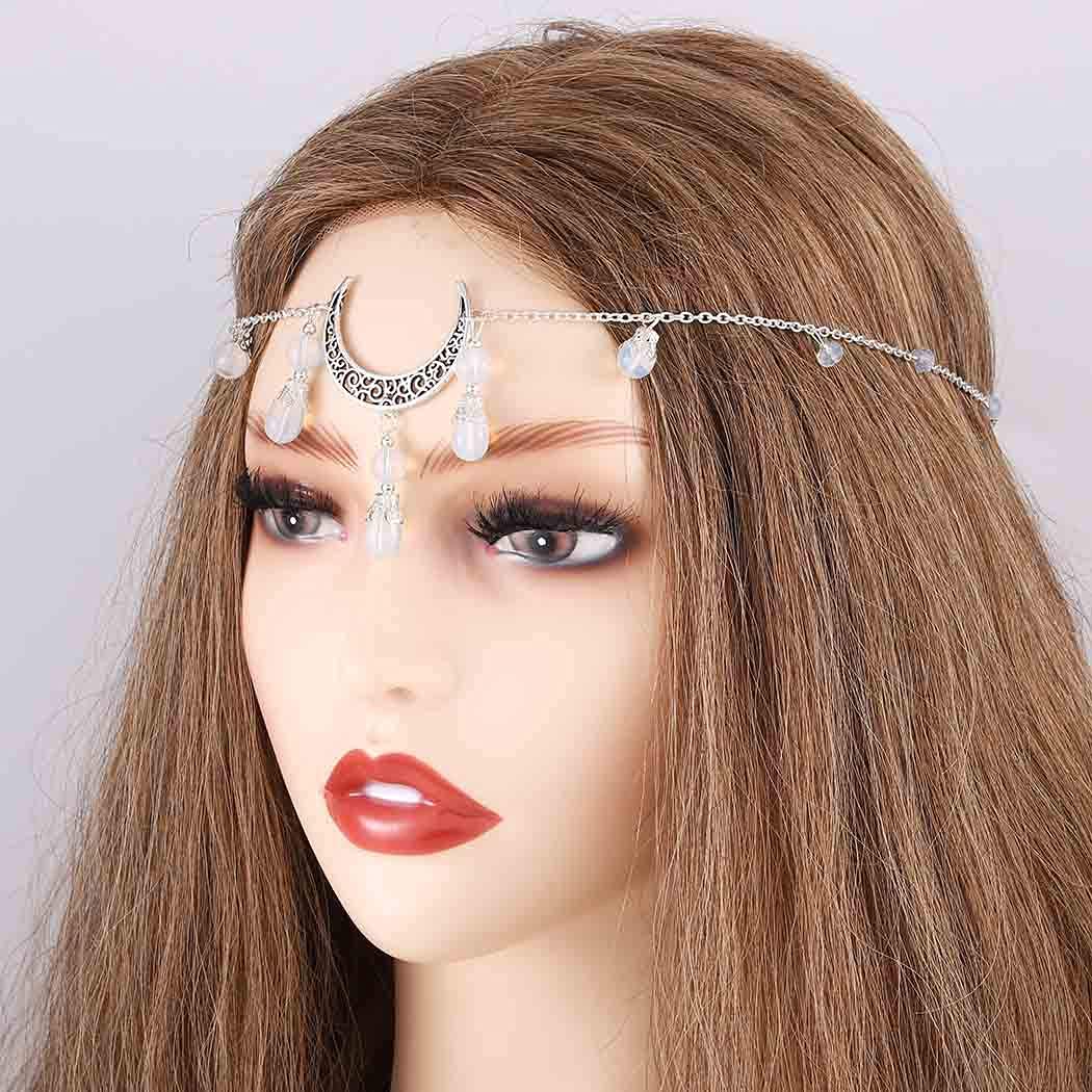 Boho Crystal Moon Head Chain - Silver Crescent Tassel Forehead Jewelry for Women & Teens | Festival Hair Accessories, Halloween Costume, Music Festival, Bridal Headpiece, Party Wear