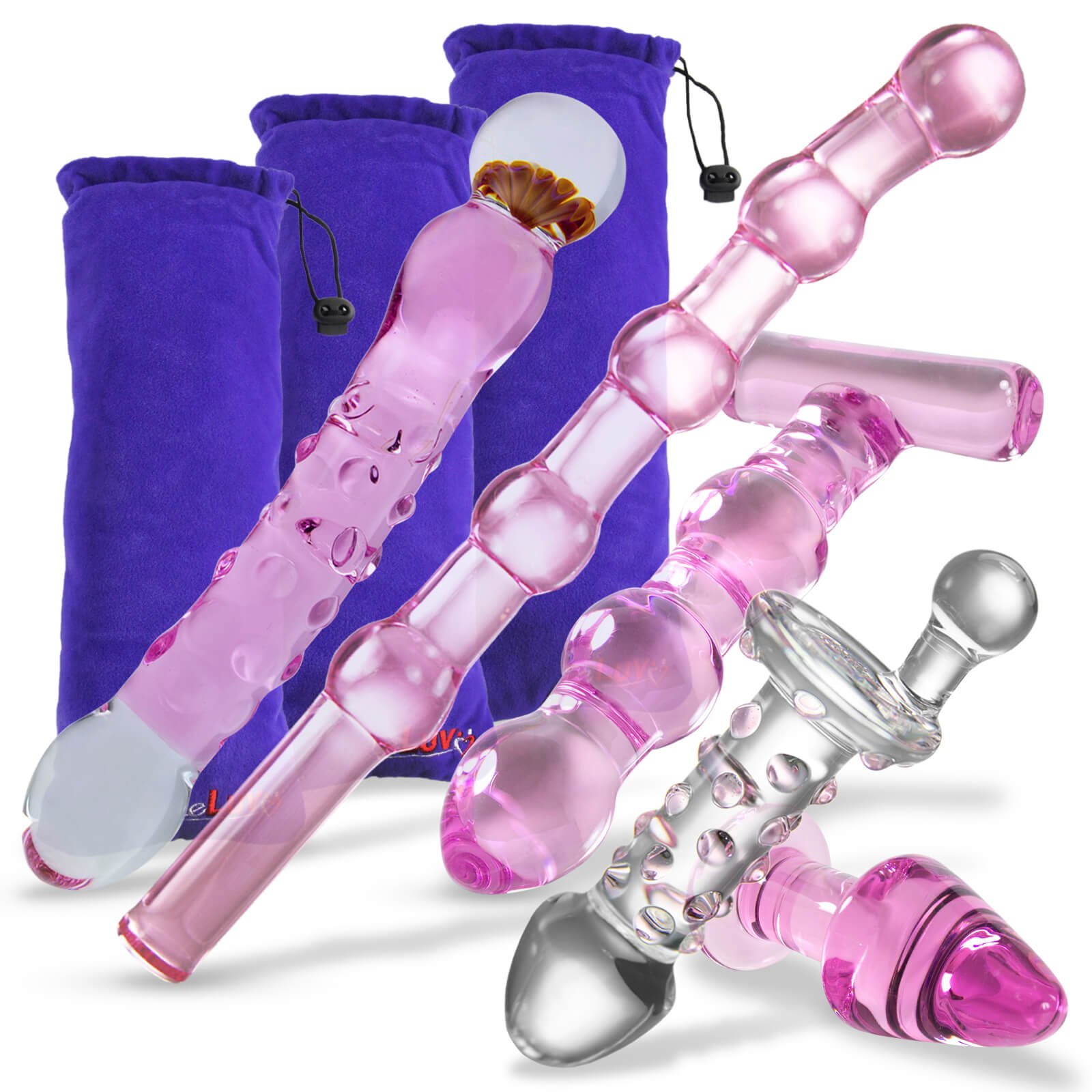 Premium LELUV Deluxe Glass Dildo & Butt Plug Set - 5 Piece BDSM Sex Toy Kit with Luxury Padded Storage Pouches (Pink) for Couples Play, Solo Exploration & Sensual Massage