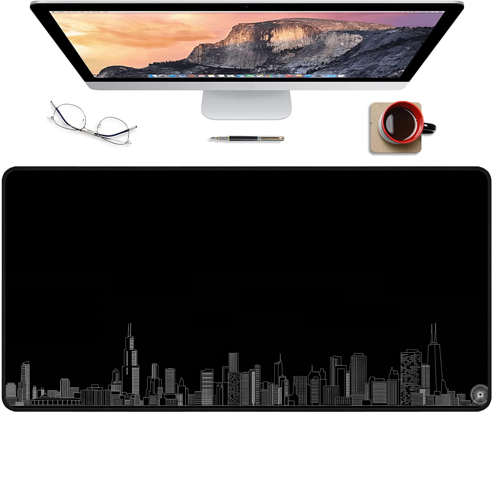 Large Gaming Mouse Pad with Non-Slip Rubber Base - Hand-Drawn Chicago Cityscape Design - Stitched Edges for Durability - Perfect for Office, Gaming & Graphic Design Workstations