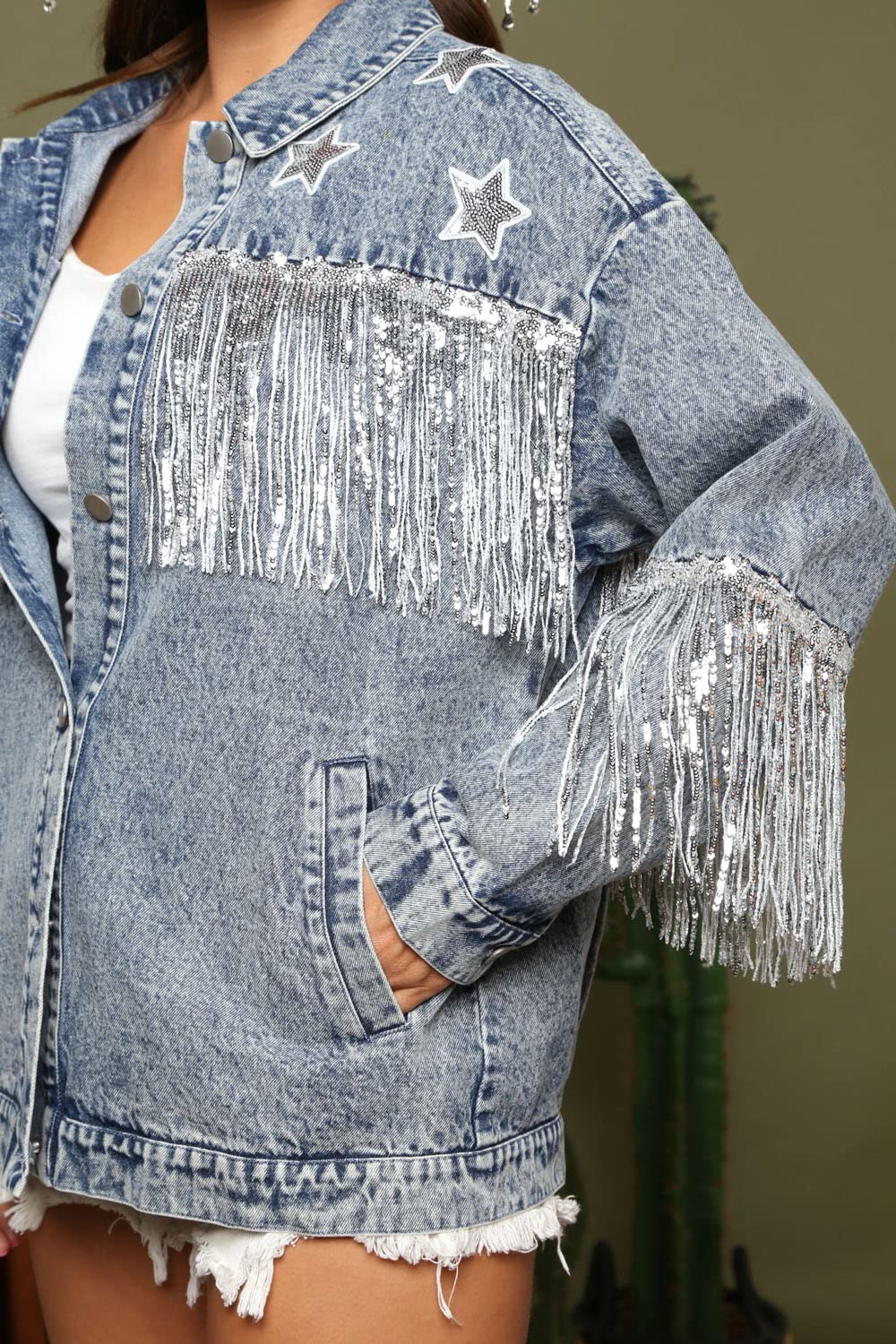 LifeShe Women's Oversized Denim Jacket with Tassel Fringe - Stylish Boyfriend Jean Coat for Casual Wear, Street Fashion & Spring Layering