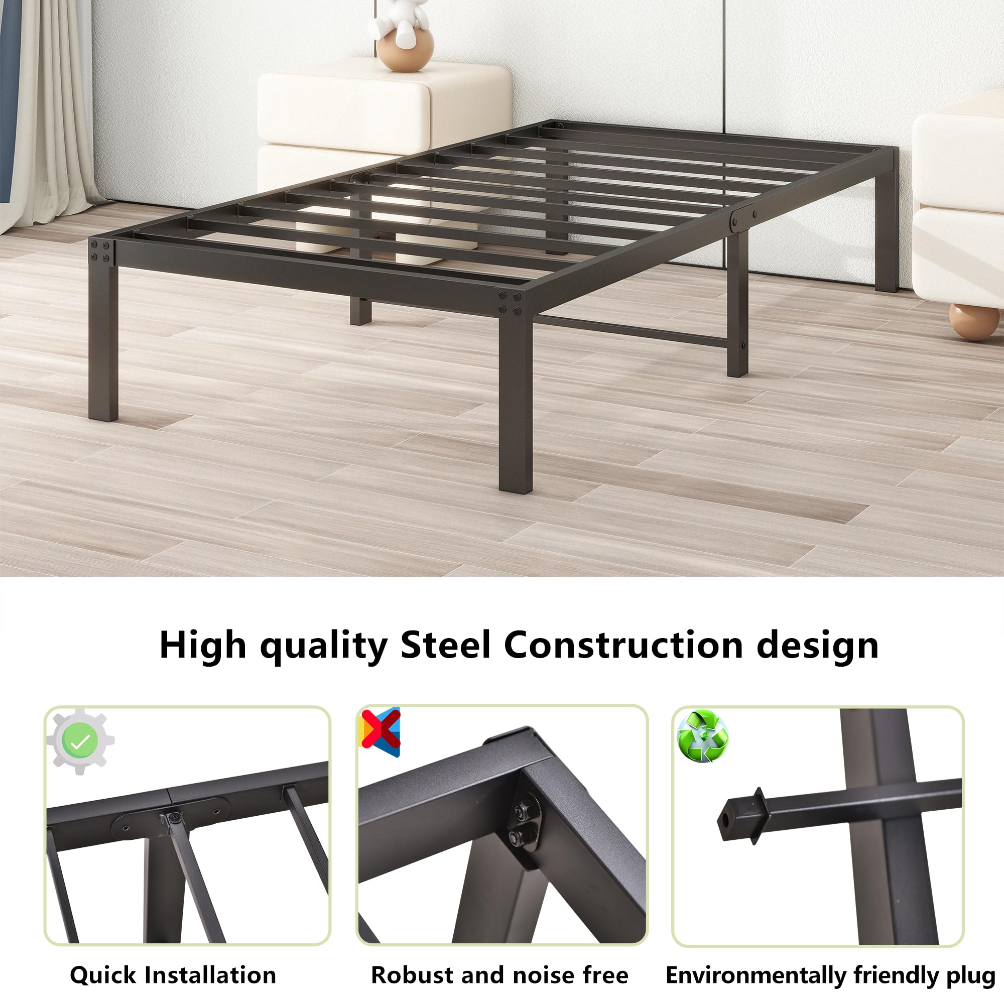 14 Inch Twin Bed Frame - Heavy Duty Metal Platform Bed with Storage, No Box Spring Needed, Double Reinforcement & Noise Free - Textured Black - Perfect for Kids, Teens, Guest Rooms & Small Spaces