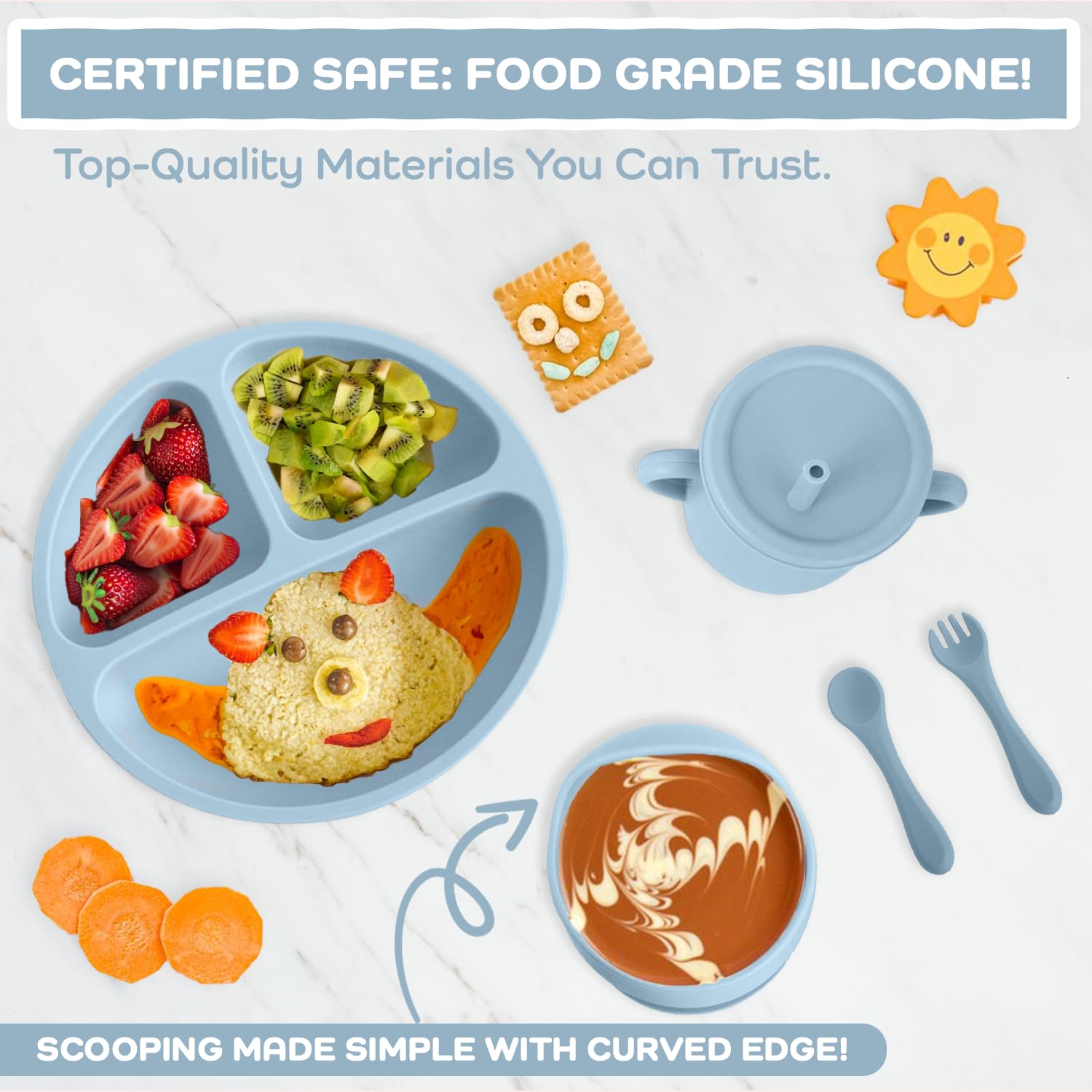 FlexiBaby 6-Piece Silicone Baby Feeding Set for Toddlers - BPA-Free Self-Feeding Utensils with Divided Plate, Bowl, Cup, Bib, Spoon & Fork - Perfect for Baby-Led Weaning & First Foods (Light Blue) - Ideal for Home, Travel & Daycare Use
