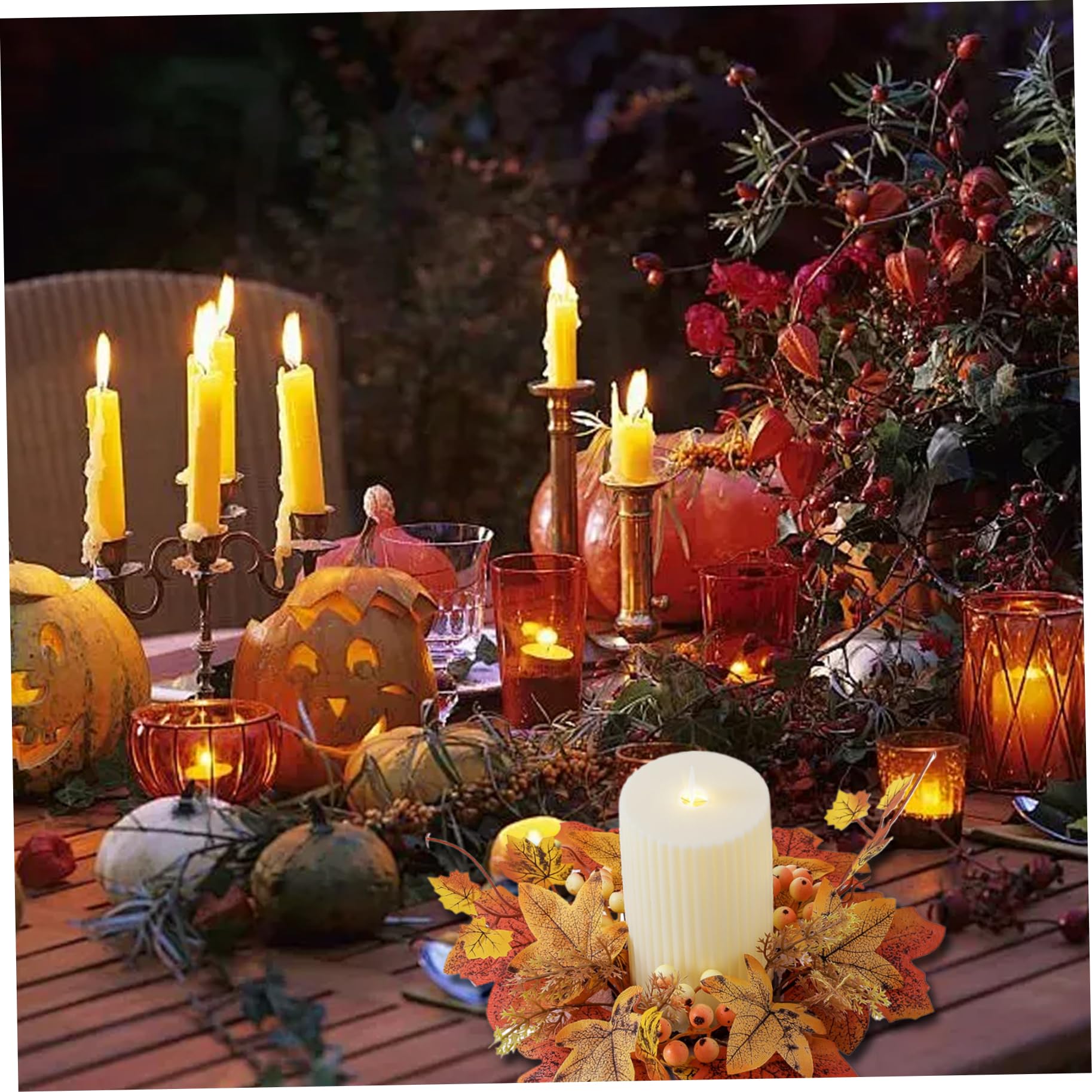 2Pcs Fall Candle Rings 9.8 Inch - Autumn Maple Leaf Wreath for Pillar Candles, Thanksgiving Table Centerpiece Decor, Seasonal Home Decor for Thanksgiving, Fall Mantel, and Holiday Dining Table