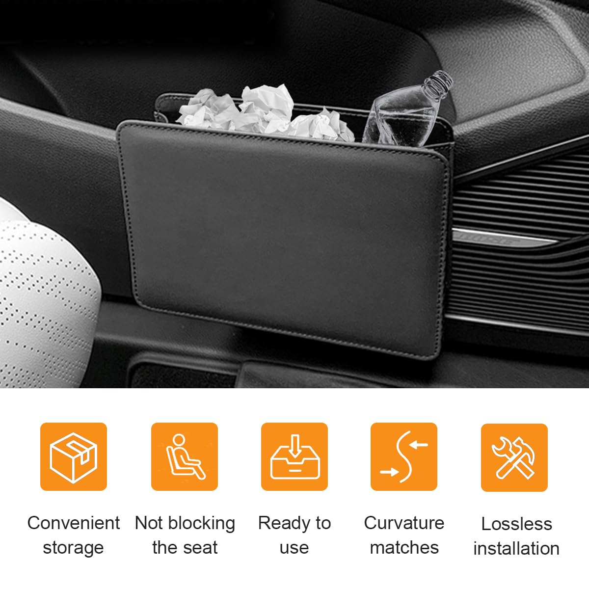 Premium Car Trash Can - Auto Leather Garbage Bin Organizer with Trash Bags | Foldable Mini Dustbin Storage for Car, SUV & Travel | Multi-Function Vehicle Waste Container (Black) - Keep Your Car Clean on Road Trips & Daily Commutes