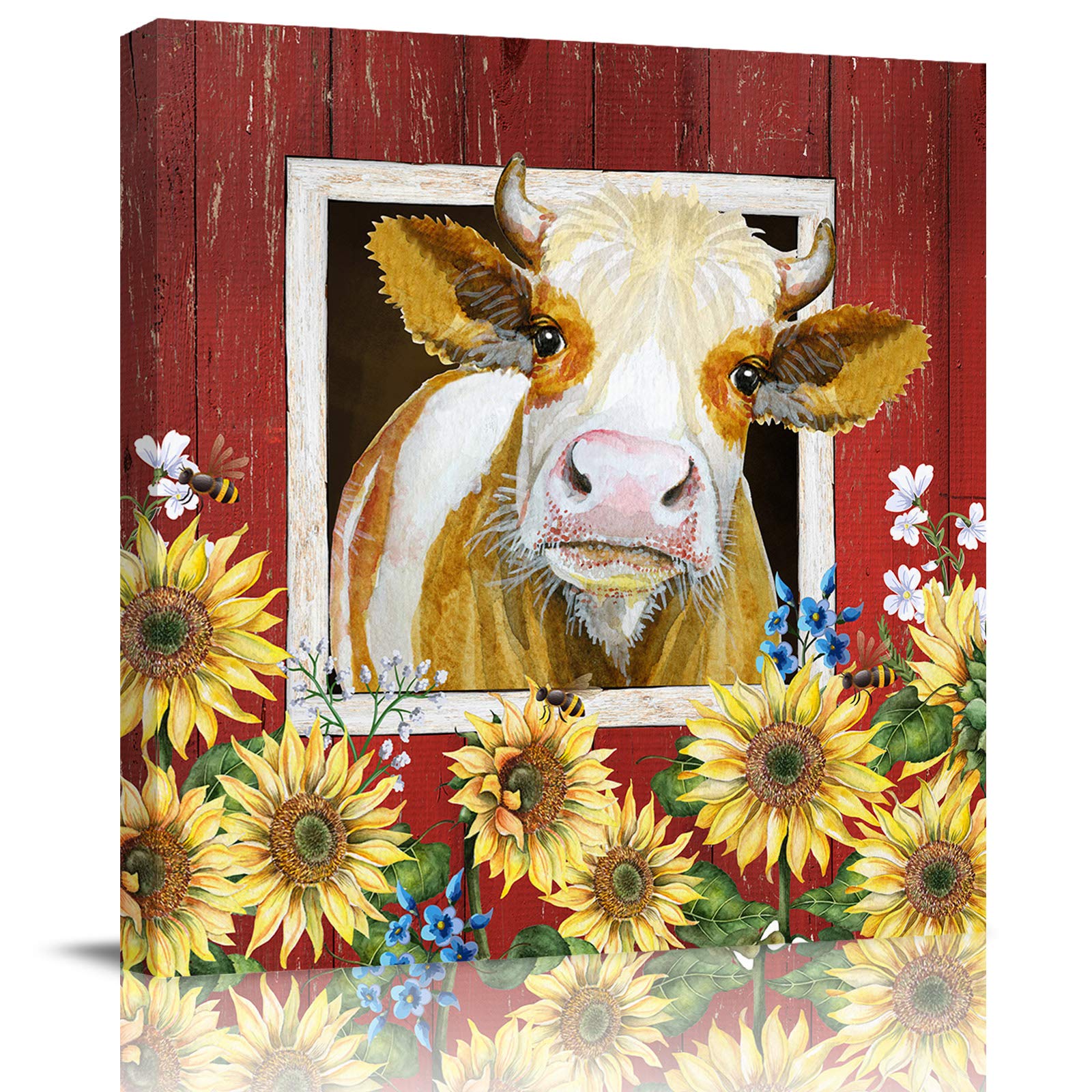 Farmhouse Sunflower Cow Canvas Art - 28x28 Inch Framed Wall Decor Painting for Living Room, Kitchen & Farmhouse Style Home - Rustic Barn Animals, Ready to Hang Wood Picture - Perfect for Country Cottage, Ranch or Vintage Themed Interior Design