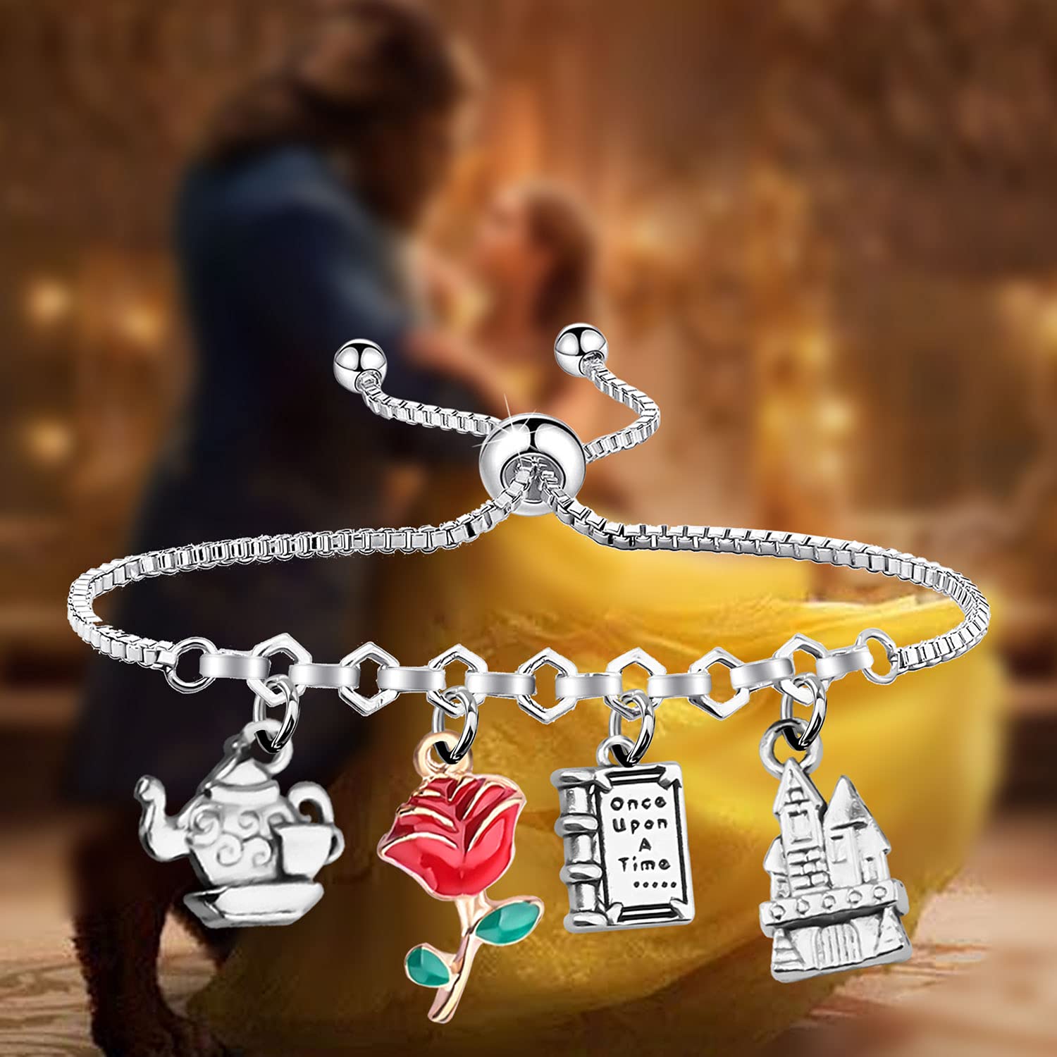 MYOSPARK Beauty and the Beast Inspired Belle Rose Flower Princess Bracelet - Disney Movie Jewelry Gift for Women, Girls, Fans - Perfect for Cosplay, Birthday, Anniversary, Valentine's Day Gifts