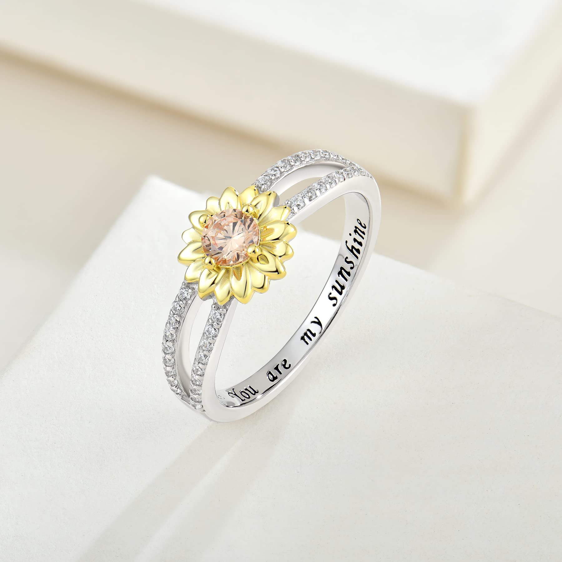 Sterling Silver Sunflower Ring with Cubic Zirconia - 