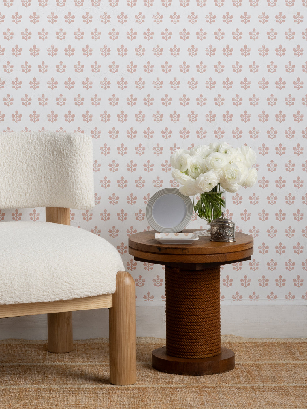 Sugar Paper Rose Ensley White Ground Wallpaper - Premium Peel & Stick Wallpaper for Bedroom, Living Room, and Home Decor