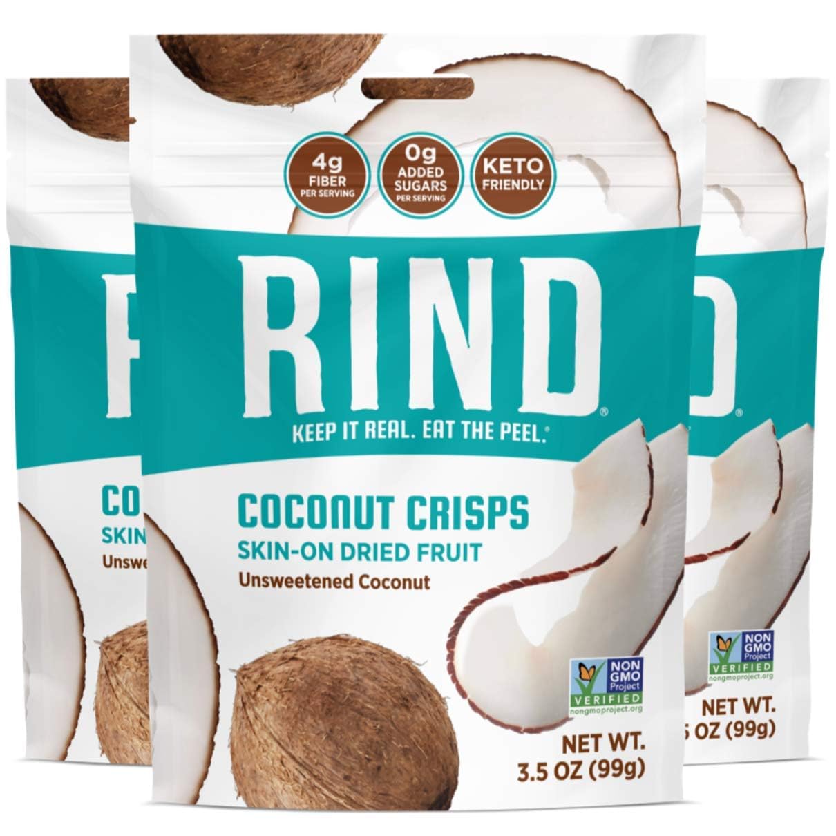 RIND Snacks All Natural Coconut Crisps - Unsweetened Dried Fruit Superfood, Low Carb High Fiber Keto Gluten Free Vegan Paleo Snack Chips - Perfect for Healthy On-the-Go Snacking, Office Lunch, and Travel - 3.5oz (3 Pack)