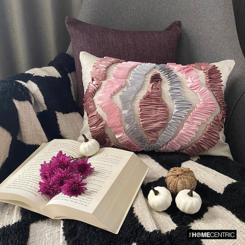 Elegant Pink Linen Decorative Lumbar Pillow Cover for Sofa & Bed - Handmade Begonia Floral Design Home Decor