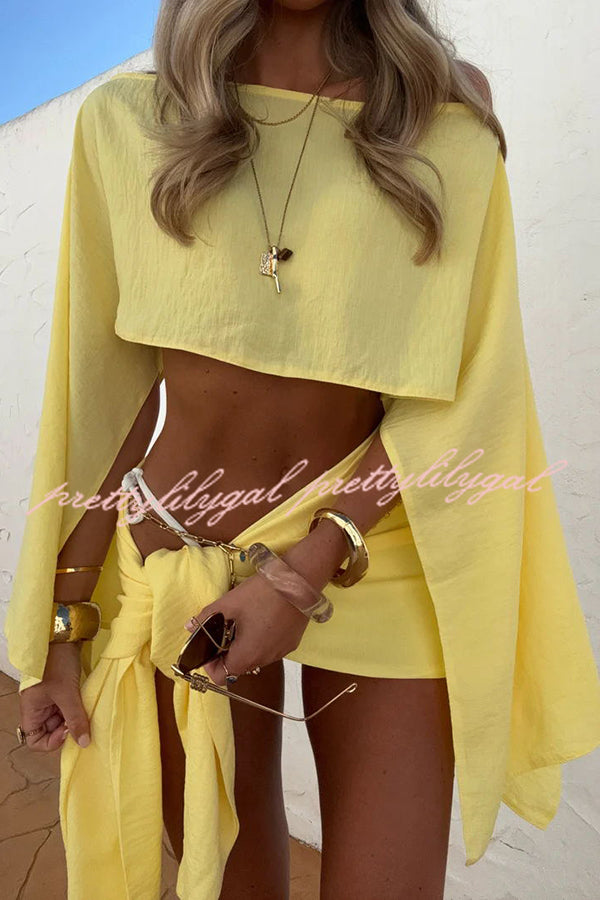 Vacation Partner Linen Blend Cropped Wide Sleeve Top and Knitted Mini Skirt Set - Perfect for Beach Getaways, Summer Outings, and Casual Date Nights