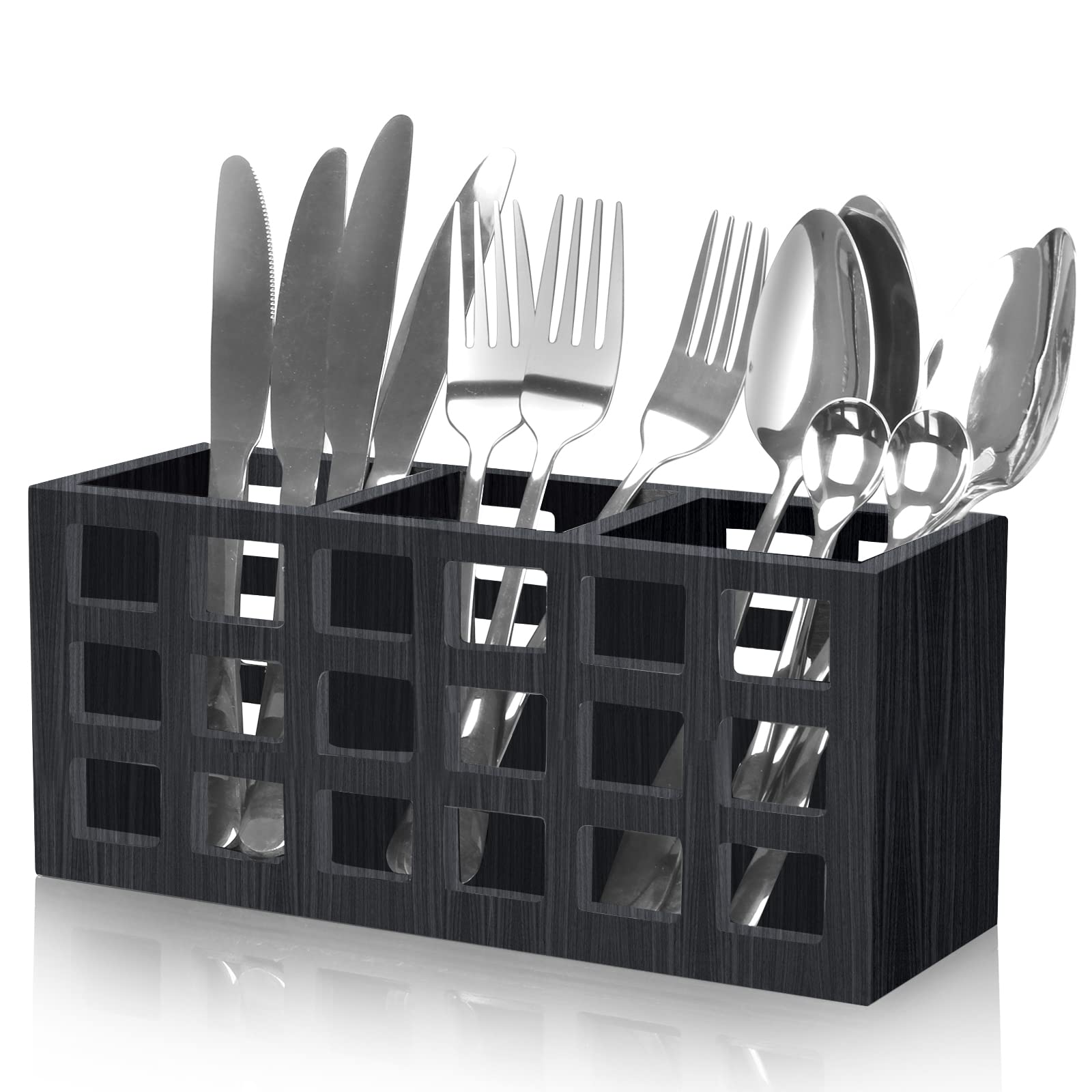 Farmhouse Wooden Silverware Caddy - Kitchen Countertop & Dining Table Utensil Organizer for Forks, Spoons, Knives - Rustic Cutlery Holder for Home, Party, Picnic & Outdoor Dining Storage