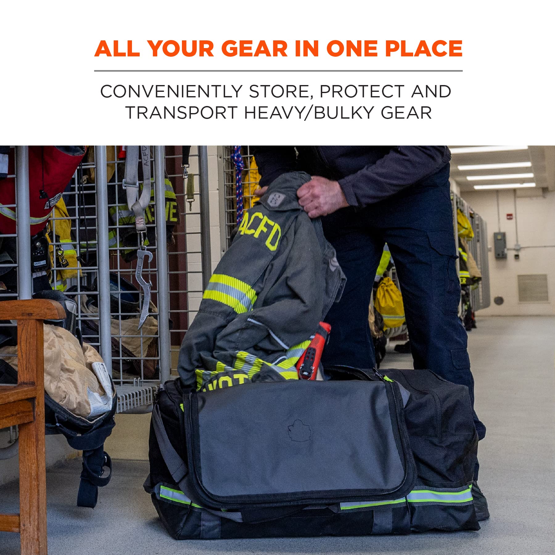 Ergodyne Arsenal 5008 Firefighter Turnout Gear & Safety Duffel Bag - Heavy Duty Black Fire Protection Equipment Storage for Firefighting, Fall Protection & Sports Gear | Ideal for Emergency Response, Work Safety & Outdoor Activities