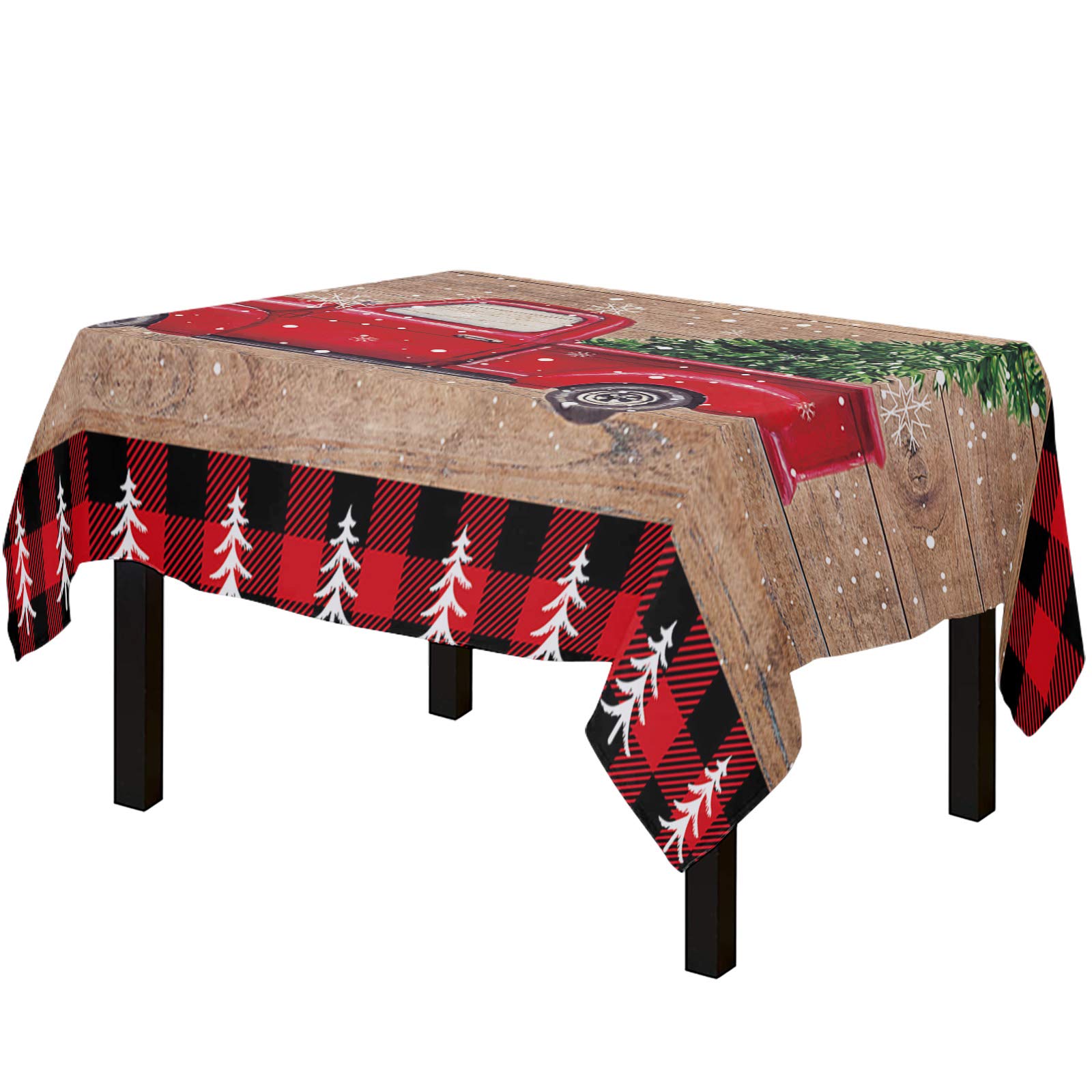Pine Fir Tree & Red Retro Truck Cotton Linen Spillproof Tablecloth - Christmas Kitchen Dining Table Cover for Banquet Parties | Holiday Decor, Family Gatherings & Festive Celebrations