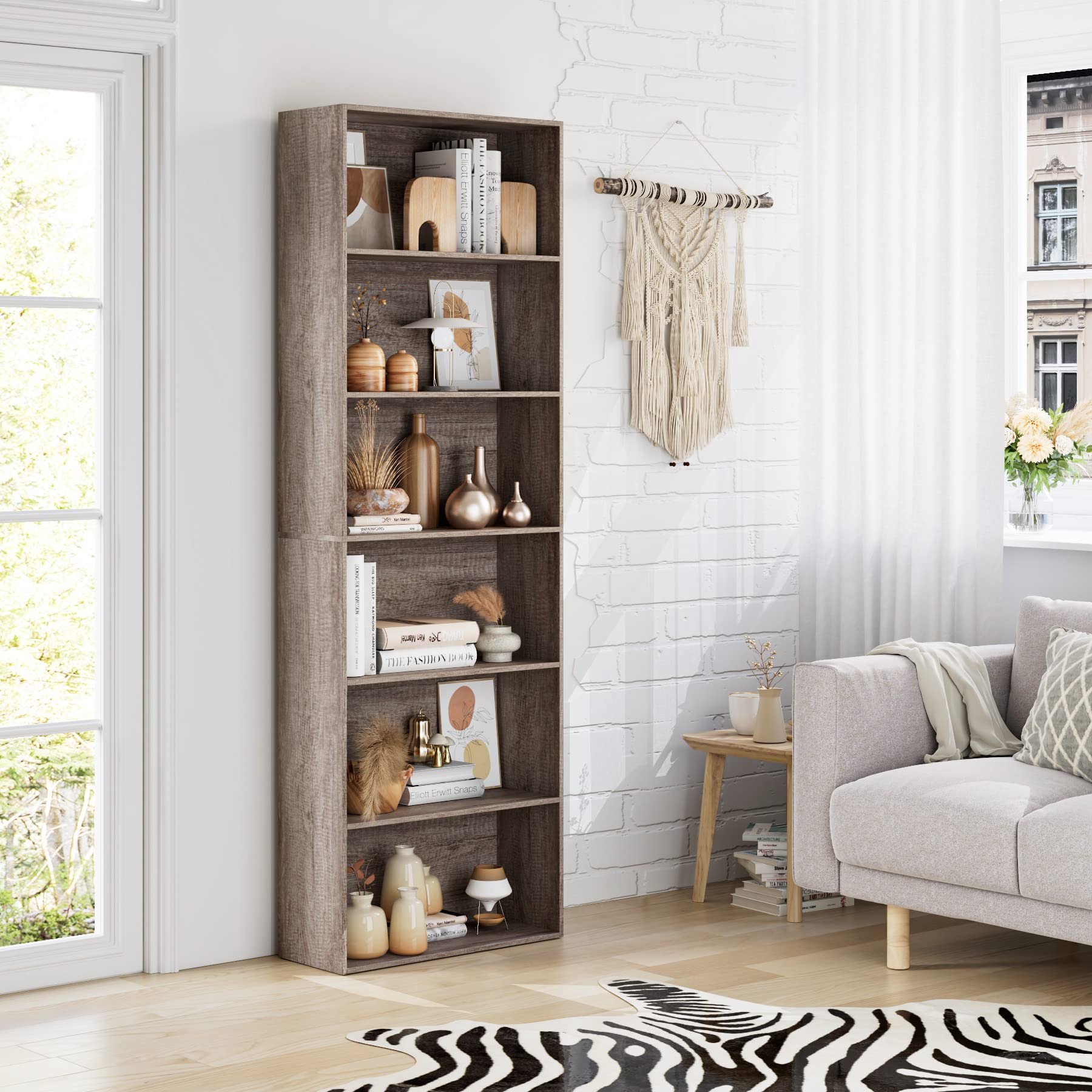 FOTOSOK 6-Tier Open Bookcase & Bookshelf - Freestanding Display Storage Shelf for Bedroom, Living Room & Office - Solid Oak Wood Shelving Unit - Perfect for Home Decor, Book Storage & Display Organizer