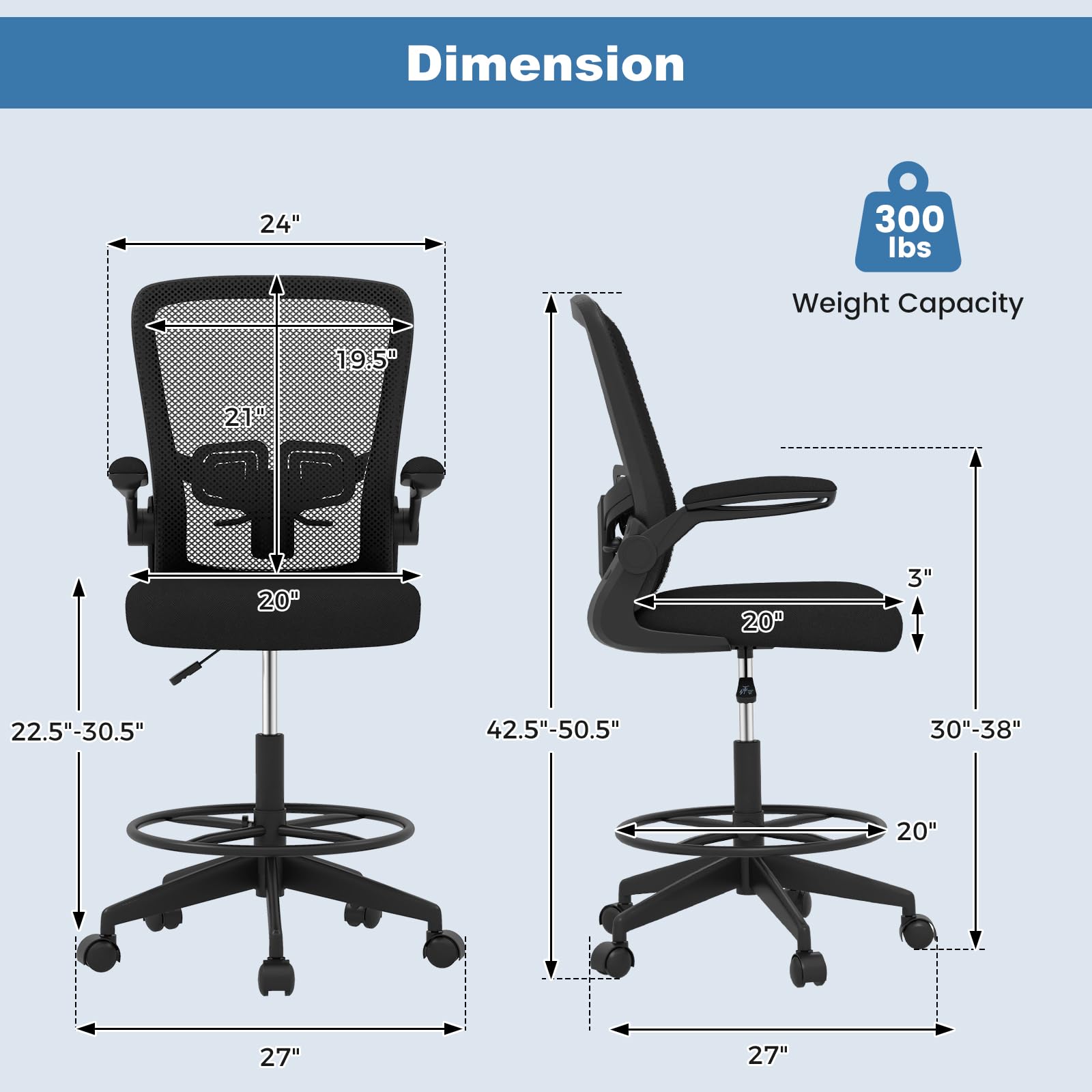 HAPPYGRILL Adjustable Height Drafting Chair with Armrests, Footrest & Lumbar Support - Ergonomic Standing Desk Chair for Home Office, Computer Work & Creative Studios (Black)