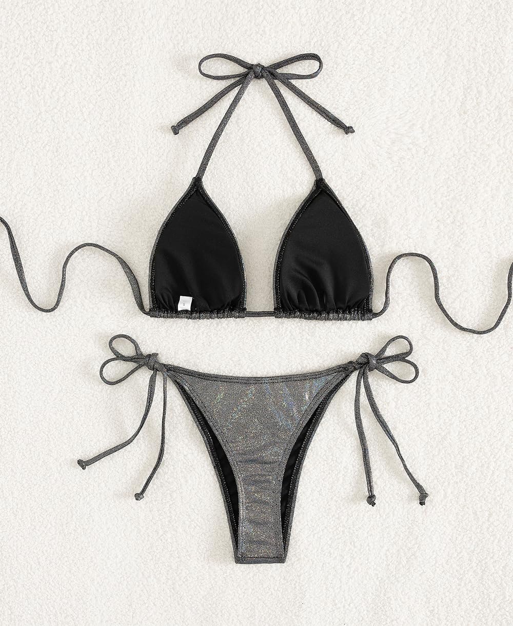 Sexy Women's Halter Thong Bikini Set - Adjustable Tie Side Triangle Swimwear for Beach & Pool Party | Tainehs Two-Piece Swimsuits
