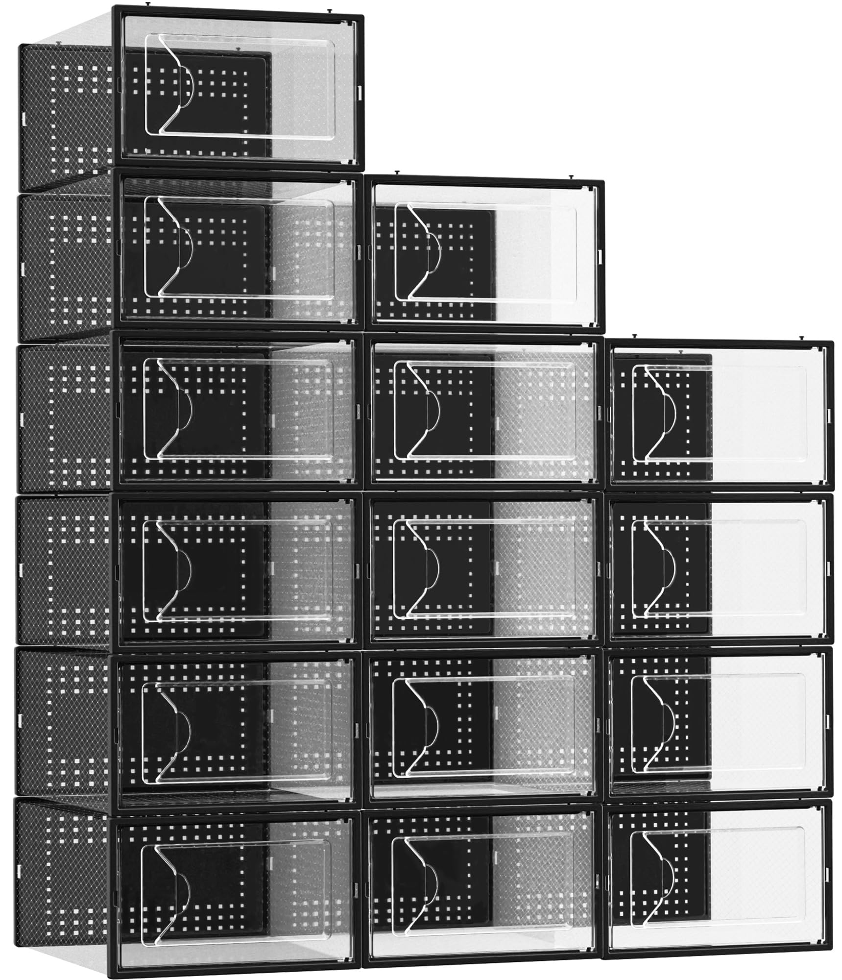 15-Pack Clear Plastic Stackable Shoe Storage Boxes - Interlocking Design Shoe Organizer for Closet, Sneakers & Boots - Foldable Shoe Rack with Lids (Black) - Perfect for Bedroom, Closet & Entryway Organization