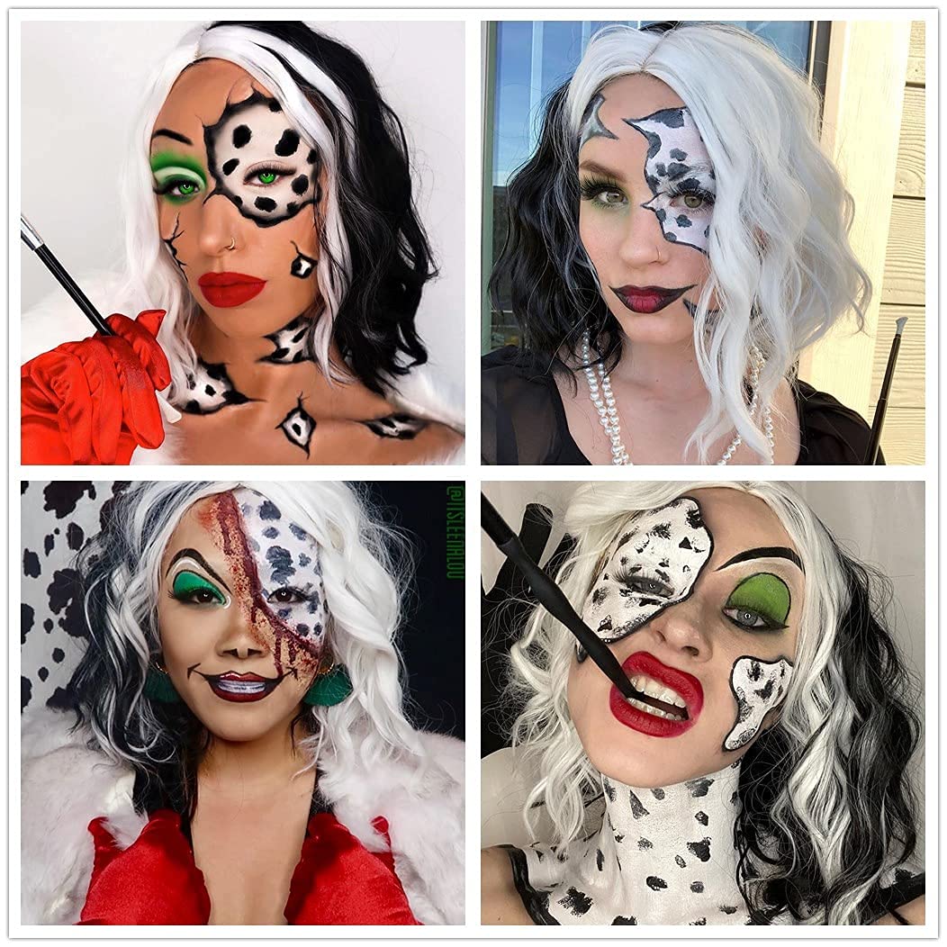 Black and White Cruella De Vil Costume Wig for Women - 1920s Style Bob Wig with Red Gloves, Synthetic Cosplay Wig for Halloween & Themed Parties (Wig R028)